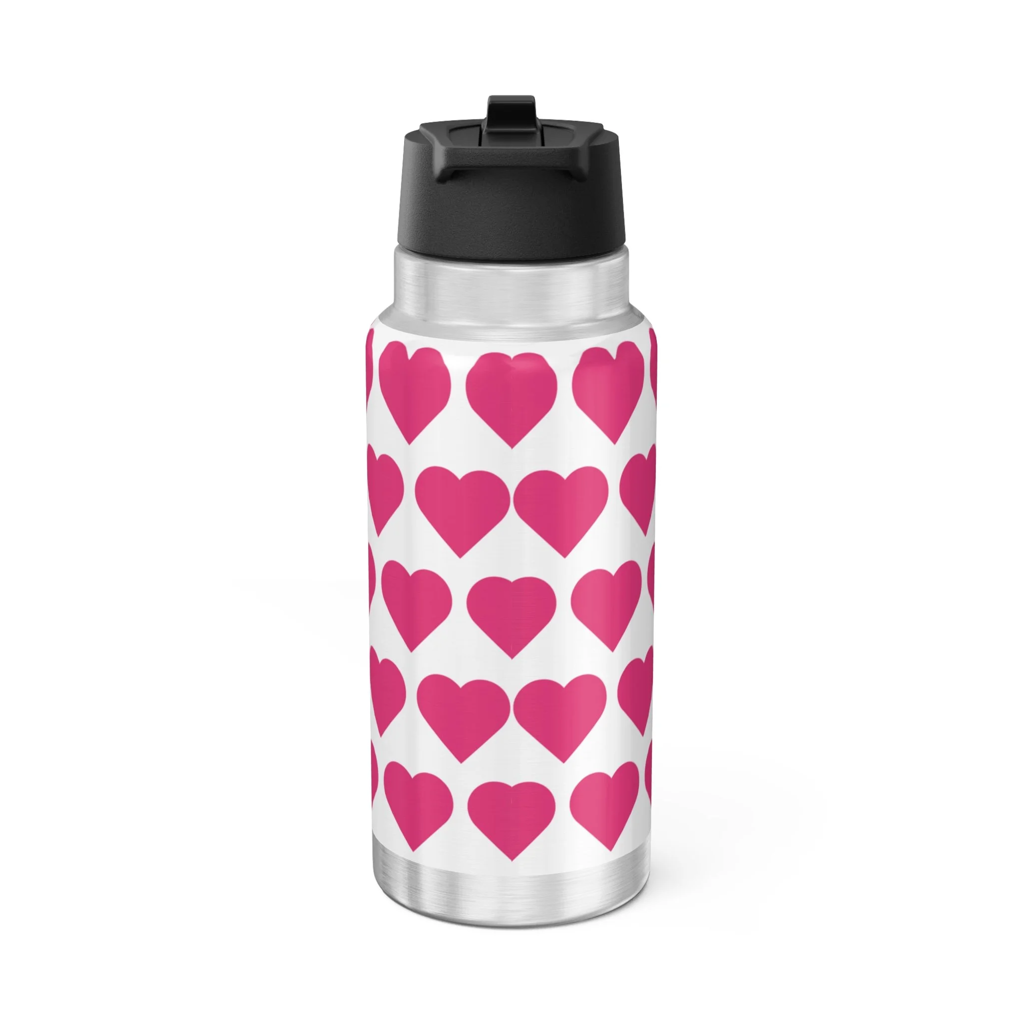 Glitzy Gracelynn Pixie Stainless Steel Water Bottle by Coco Pixies featuring pink heart pattern, insulated 32oz tumbler with whimsical Black pixie character and double-wall stainless steel design.