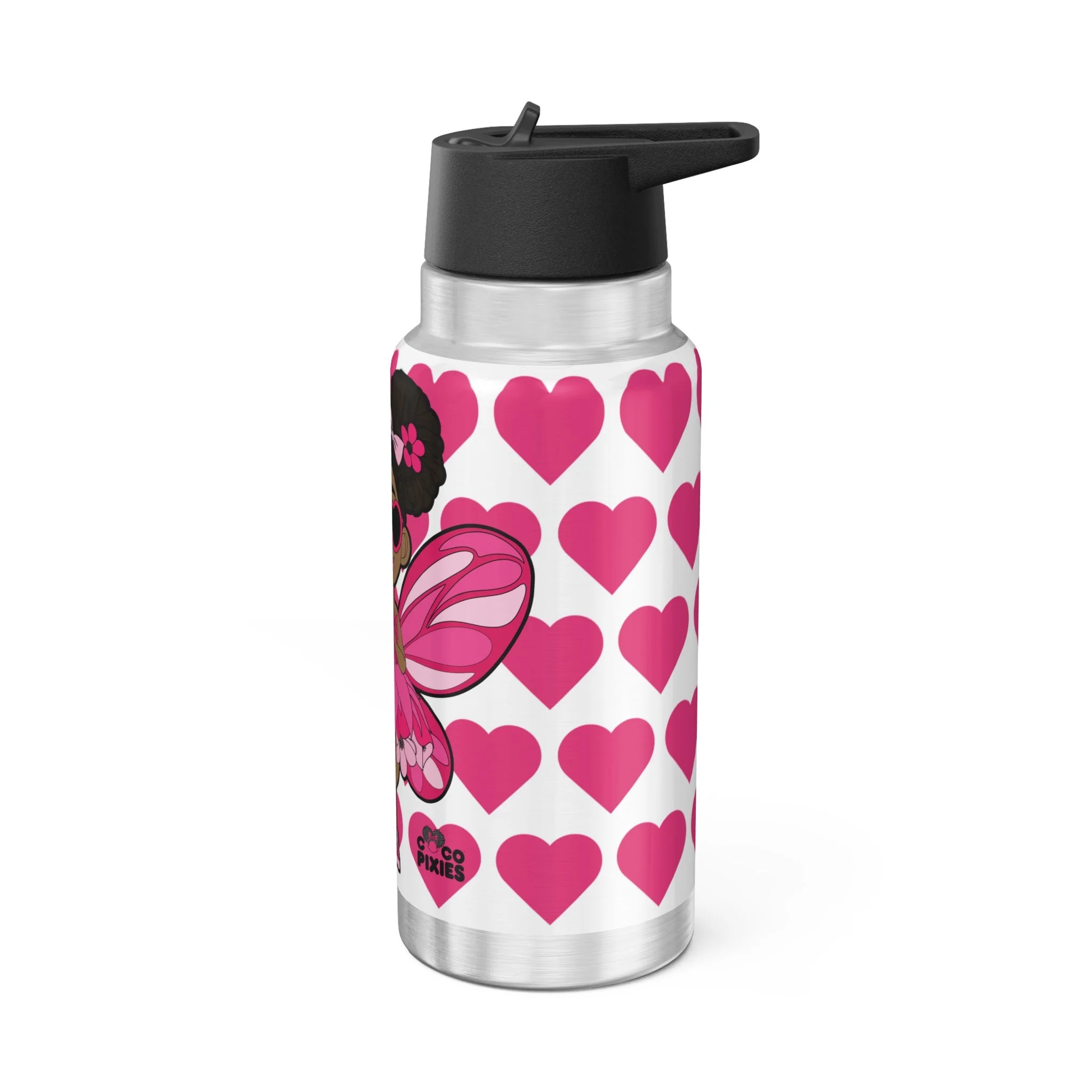 Glitzy Gracelynn Pixie Stainless Steel Water Bottle by Coco Pixies featuring pink heart pattern, insulated 32oz tumbler with whimsical Black pixie character and double-wall stainless steel design.
