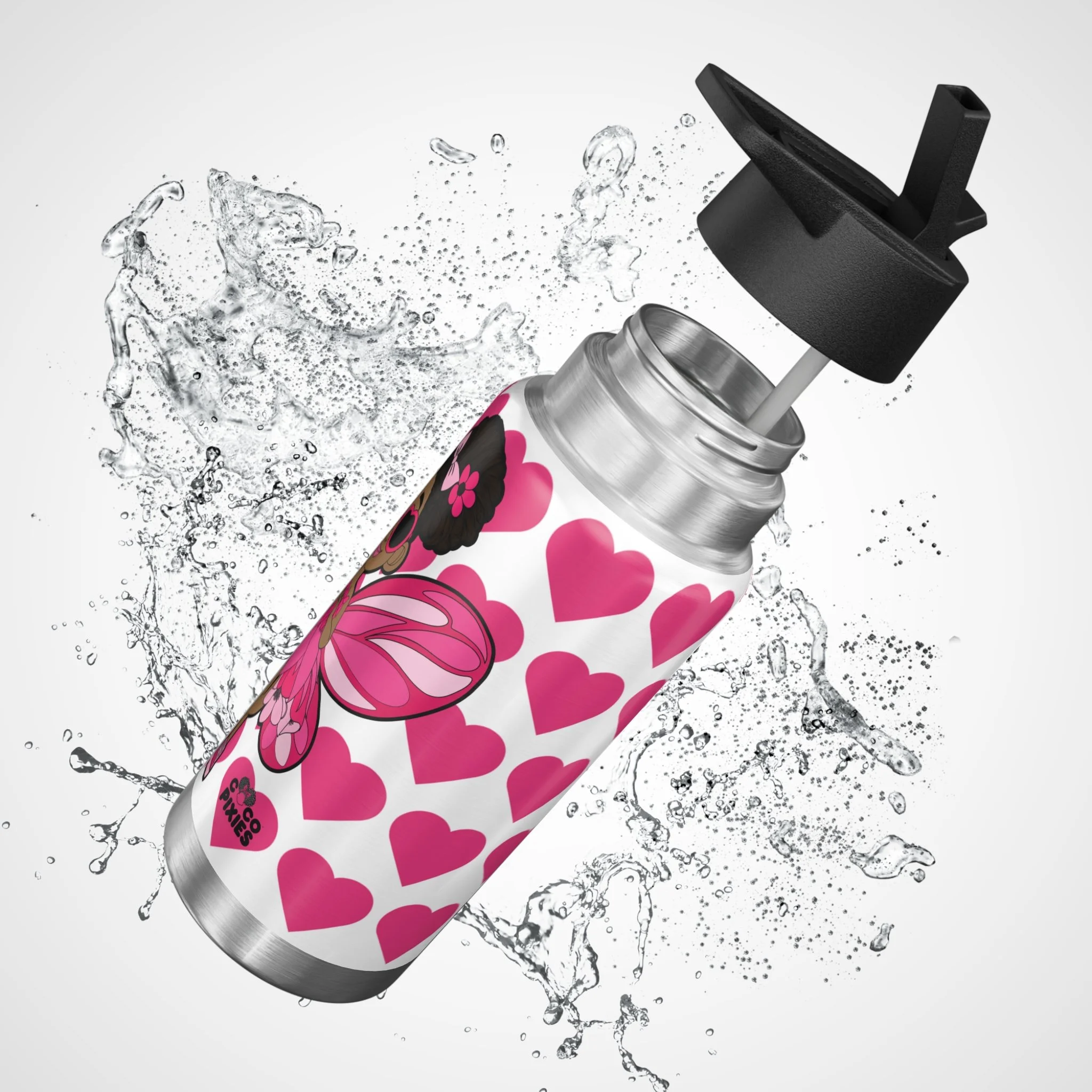 Glitzy Gracelynn Pixie Stainless Steel Water Bottle by Coco Pixies featuring pink heart pattern, insulated 32oz tumbler with whimsical Black pixie character and double-wall stainless steel design.