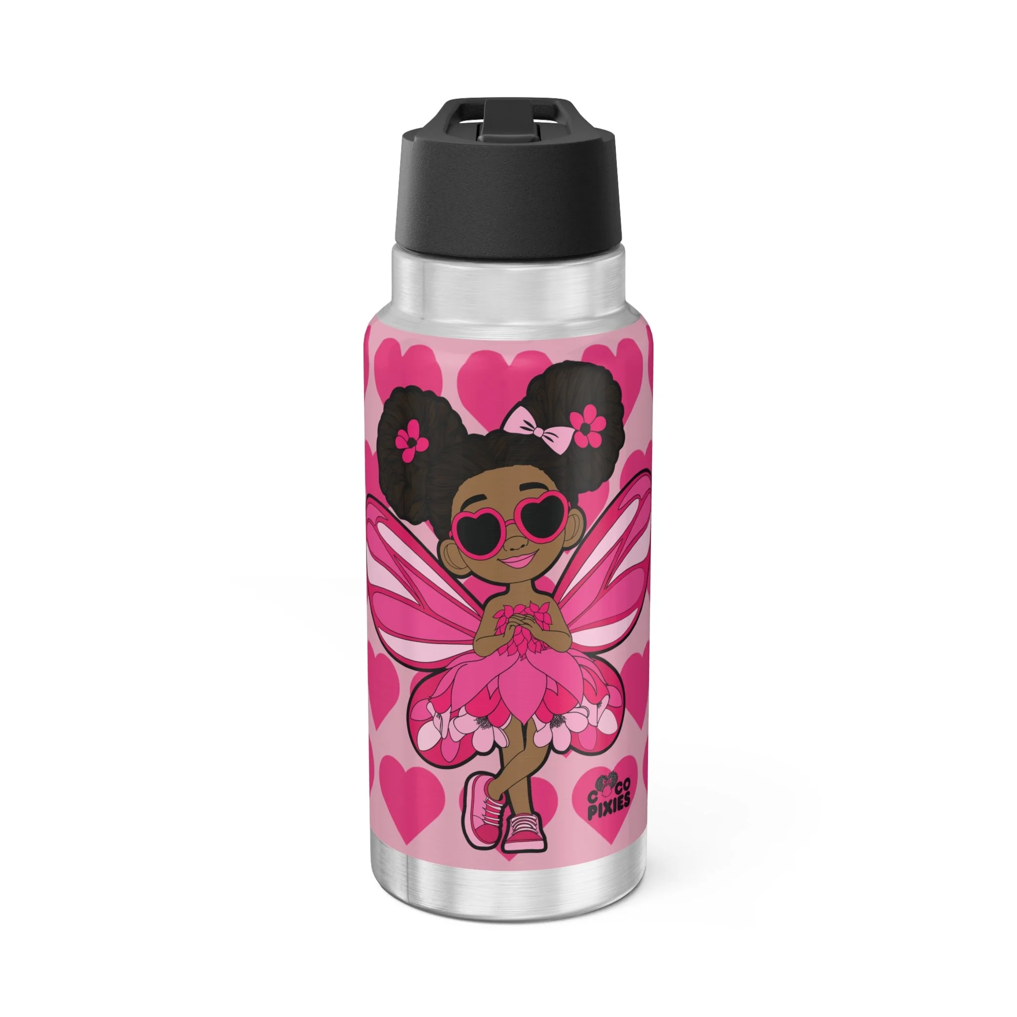 Glitzy Gracelynn Pixie Bubblegum Pink Stainless Steel Water Bottle by Coco Pixies featuring signature heart pattern, insulated 32oz tumbler with whimsical Black pixie artwork.