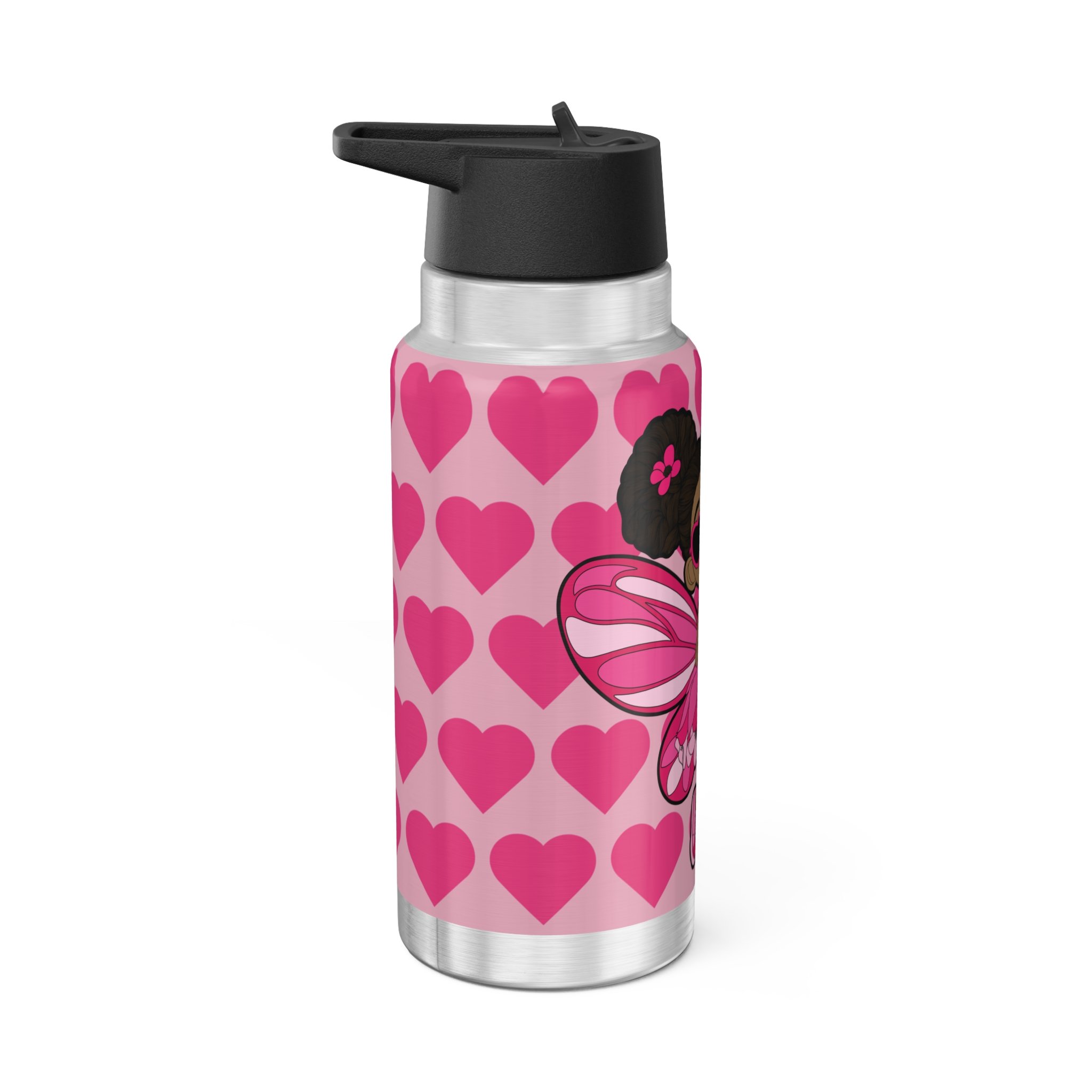 Glitzy Gracelynn Pixie Bubblegum Pink Stainless Steel Water Bottle by Coco Pixies featuring signature heart pattern, insulated 32oz tumbler with whimsical Black pixie artwork.