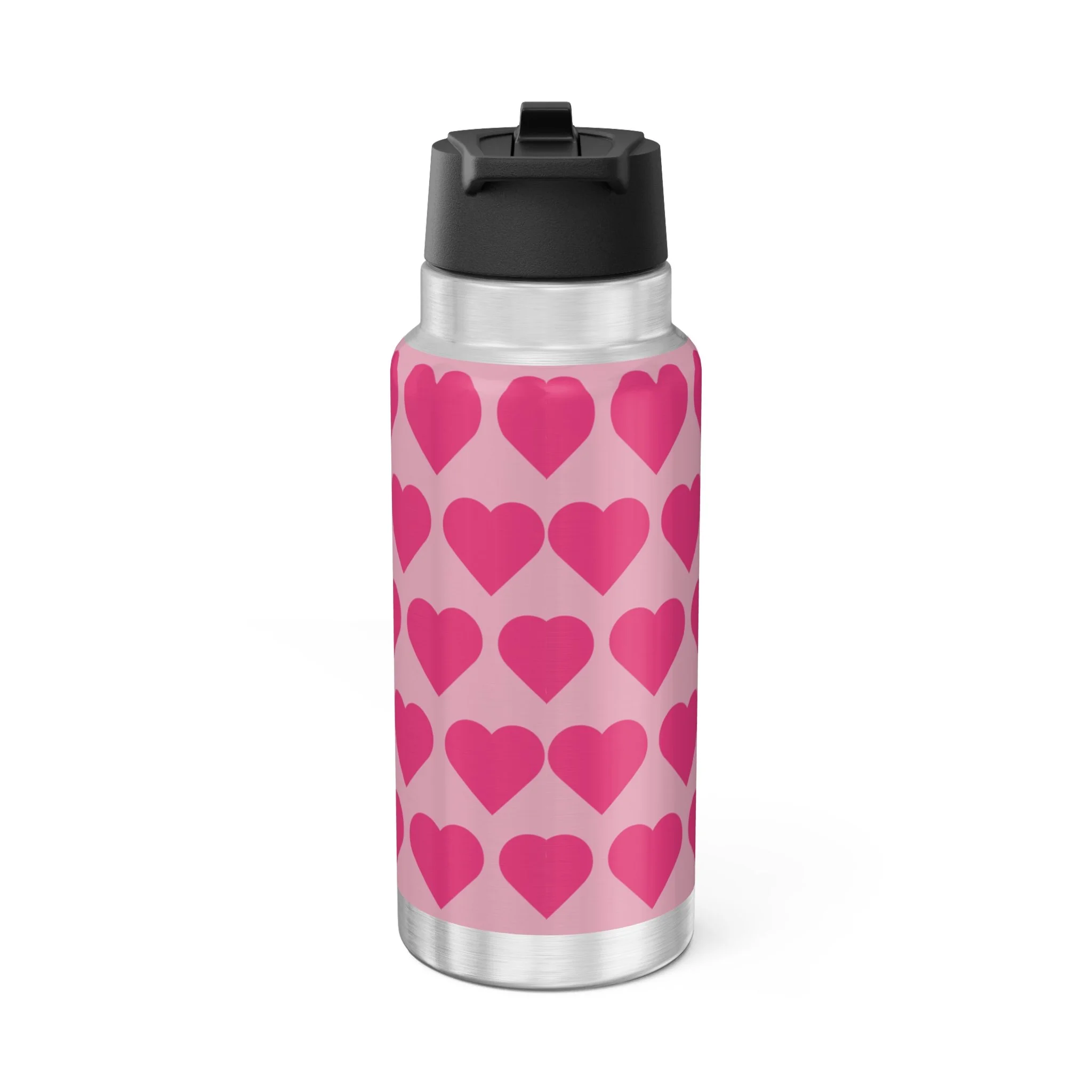 Glitzy Gracelynn Pixie Bubblegum Pink Stainless Steel Water Bottle by Coco Pixies featuring signature heart pattern, insulated 32oz tumbler with whimsical Black pixie artwork.