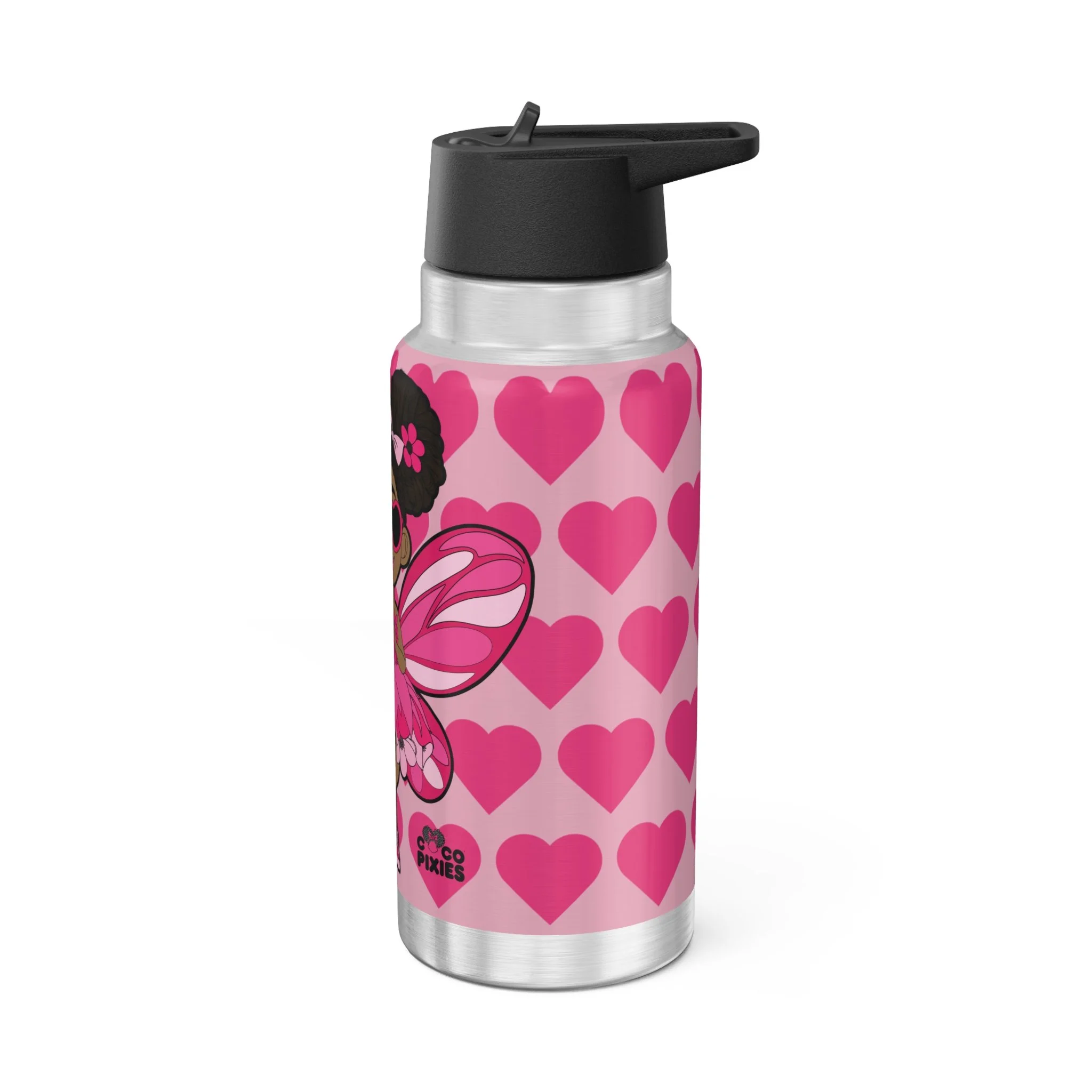 Glitzy Gracelynn Pixie Bubblegum Pink Stainless Steel Water Bottle by Coco Pixies featuring signature heart pattern, insulated 32oz tumbler with whimsical Black pixie artwork.