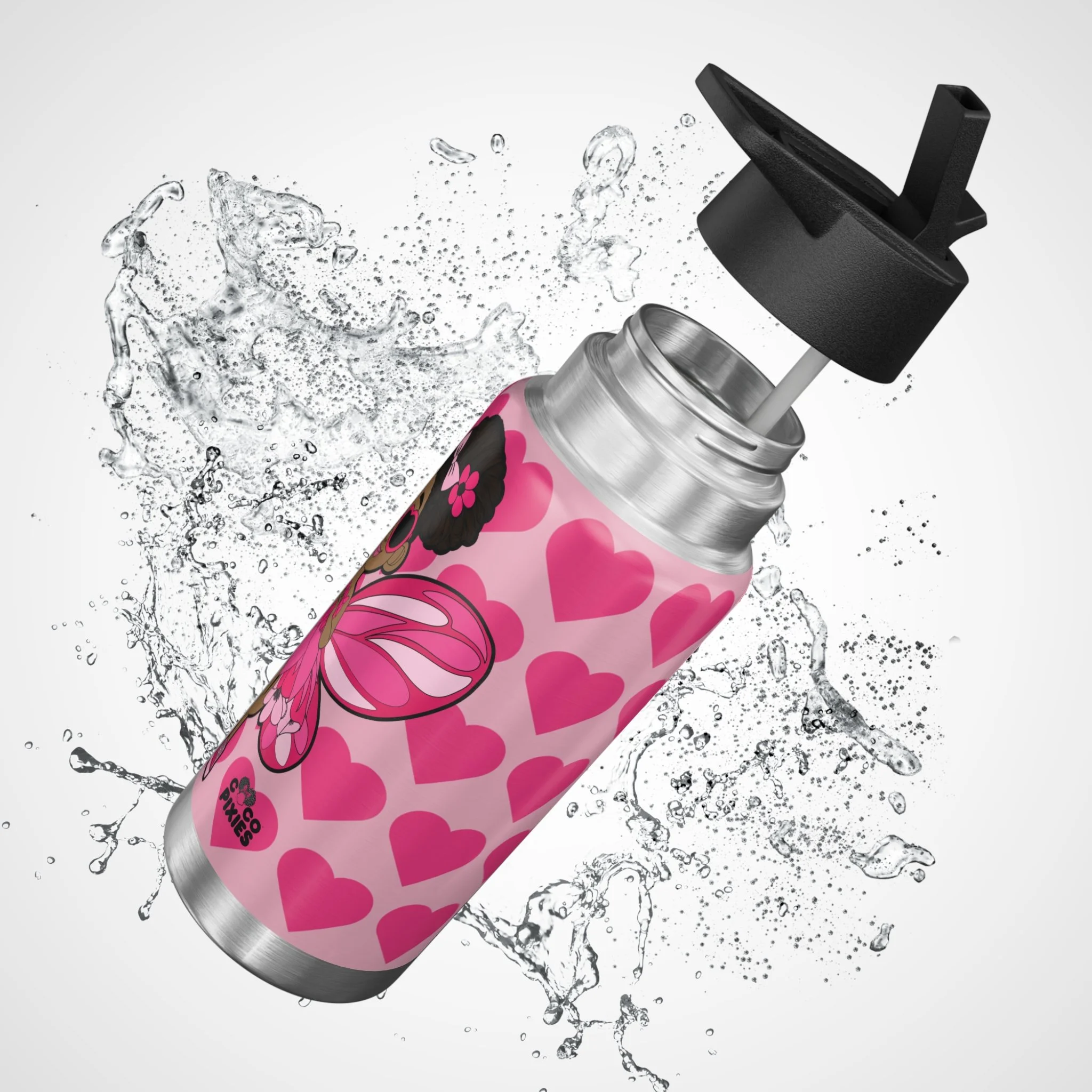Glitzy Gracelynn Pixie Bubblegum Pink Stainless Steel Water Bottle by Coco Pixies featuring signature heart pattern, insulated 32oz tumbler with whimsical Black pixie artwork.