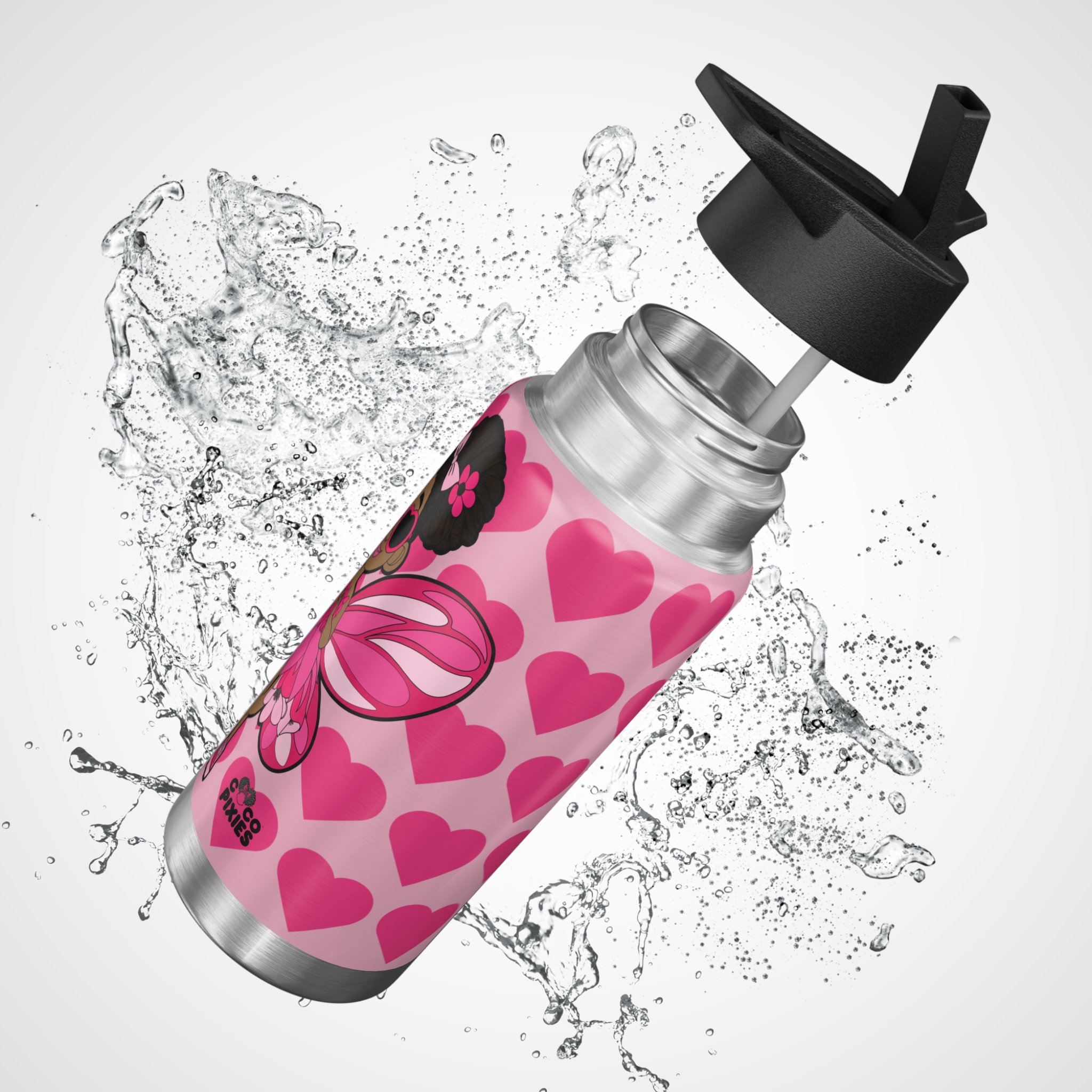 Glitzy Gracelynn Pixie Bubblegum Pink Stainless Steel Water Bottle by Coco Pixies featuring signature heart pattern, insulated 32oz tumbler with whimsical Black pixie artwork.