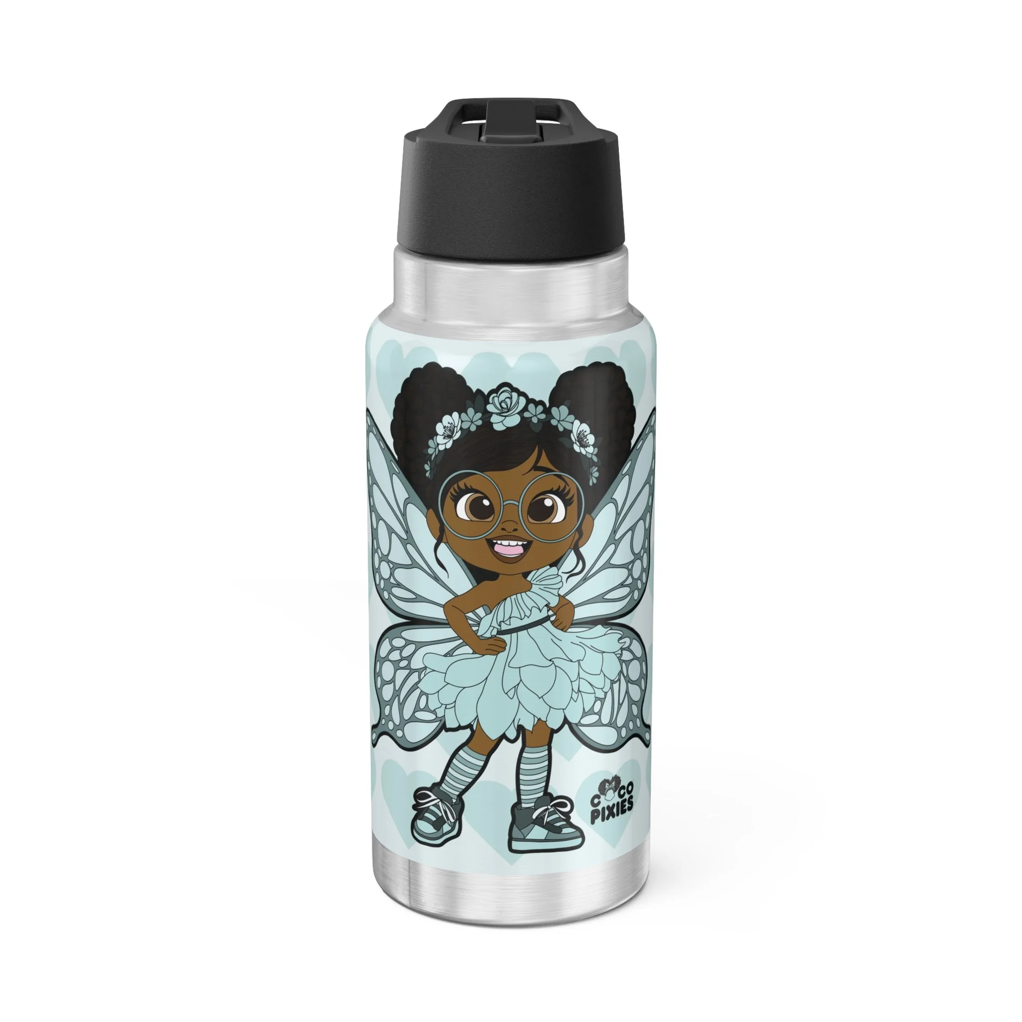 JoJo Jollypuff Pixie Stainless Steel Water Bottle by Coco Pixies featuring a cyan signature heart pattern, 32oz insulated tumbler with flip-top lid and whimsical Black pixie artwork.