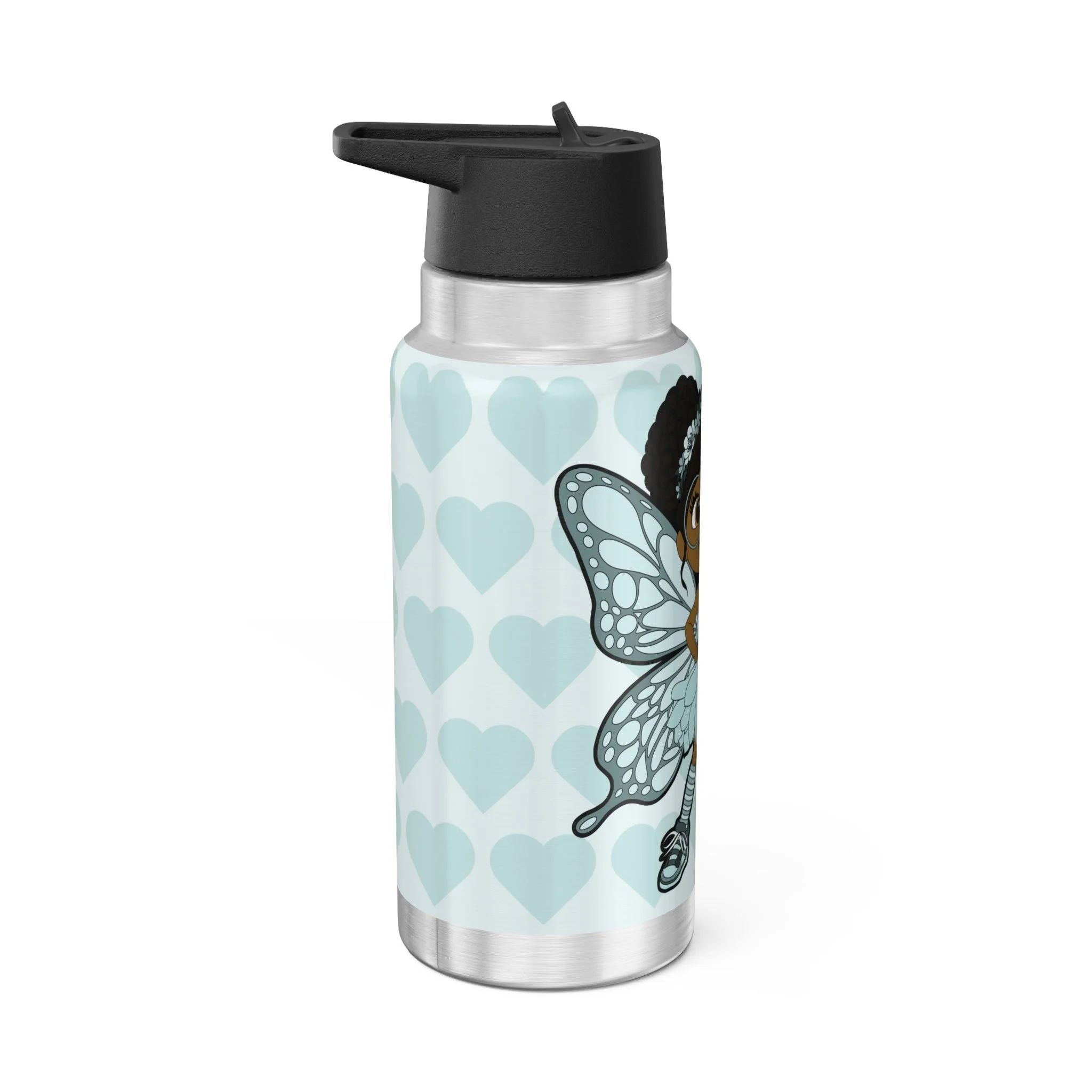 JoJo Jollypuff Pixie Stainless Steel Water Bottle by Coco Pixies featuring a cyan signature heart pattern, 32oz insulated tumbler with flip-top lid and whimsical Black pixie artwork.