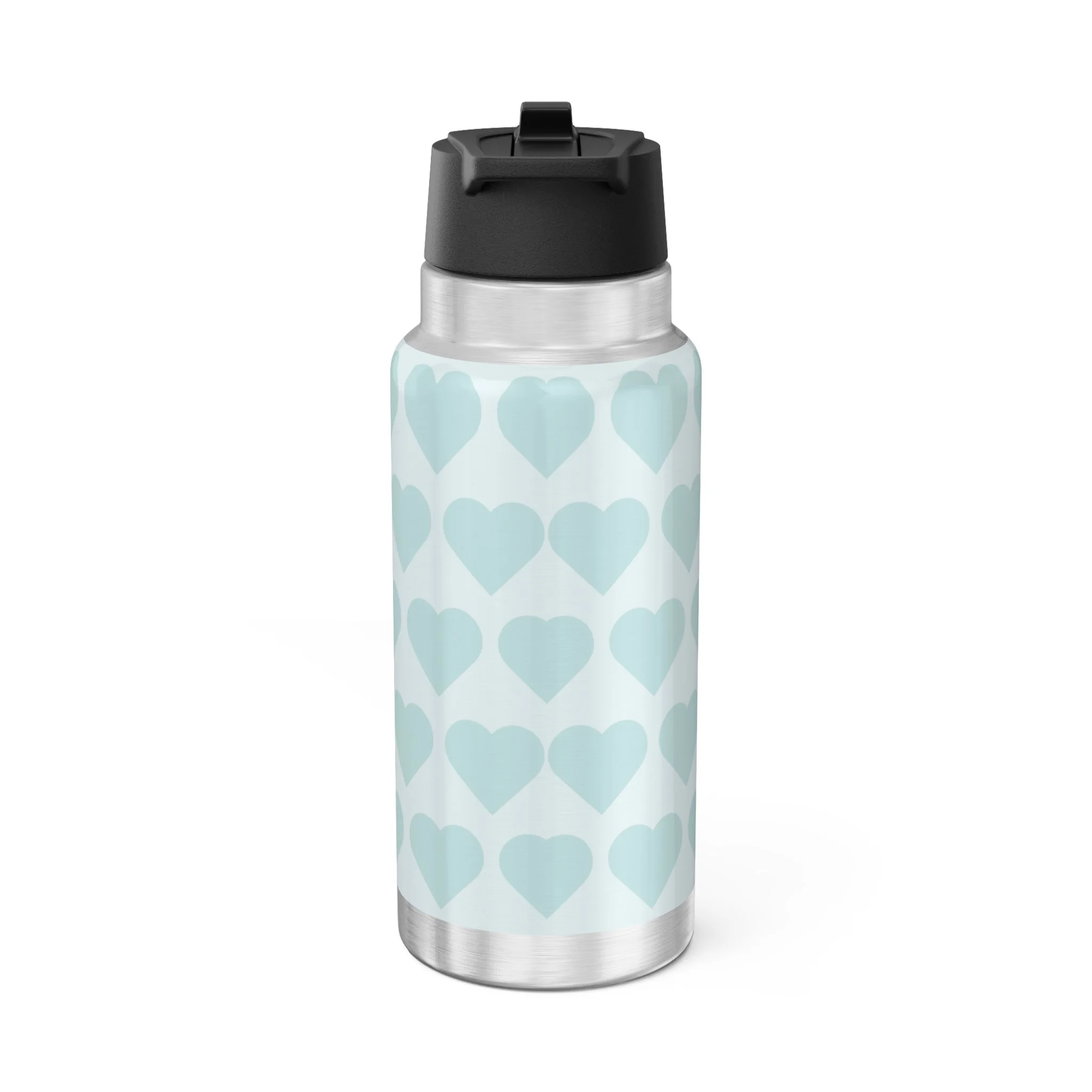 JoJo Jollypuff Pixie Stainless Steel Water Bottle by Coco Pixies featuring a cyan signature heart pattern, 32oz insulated tumbler with flip-top lid and whimsical Black pixie artwork.