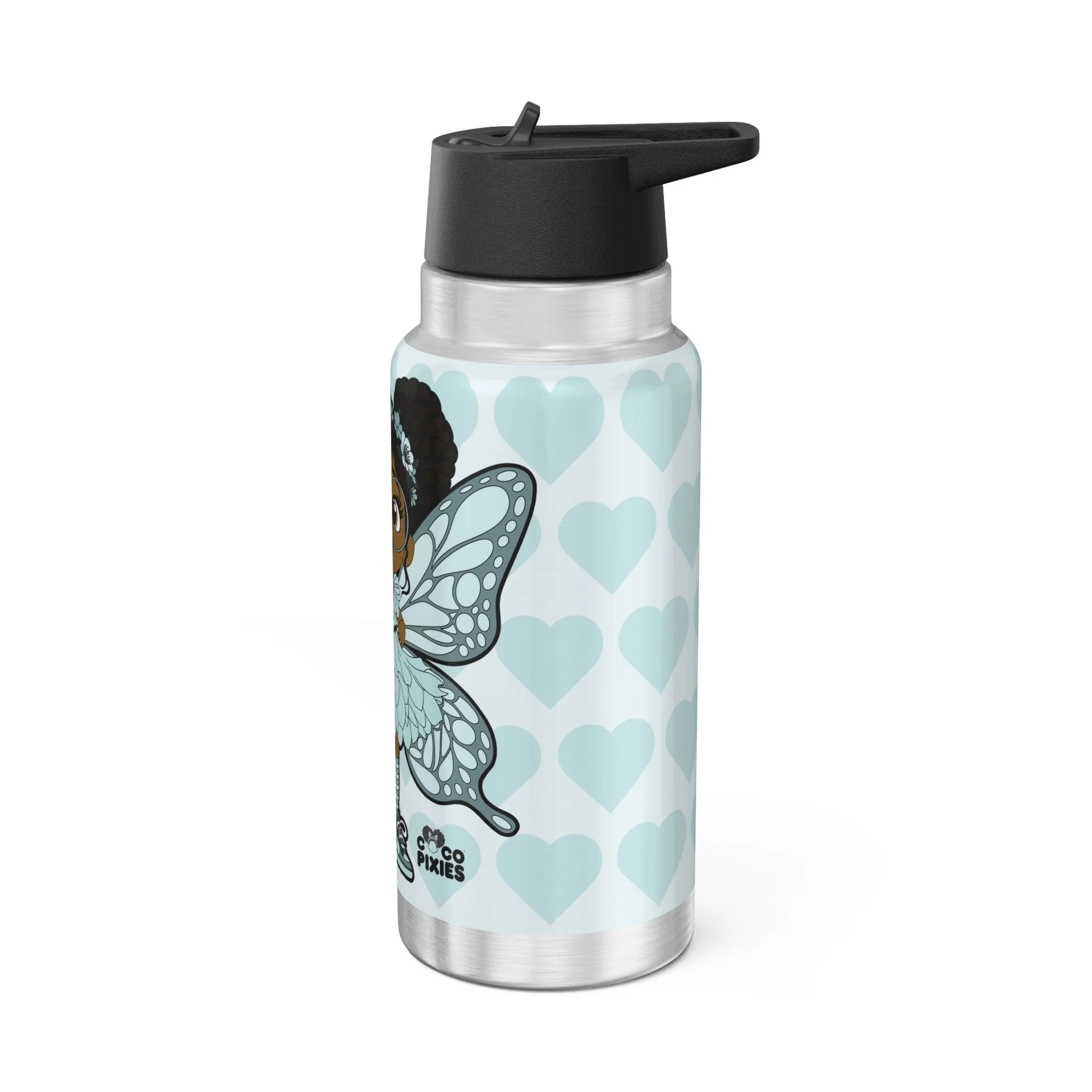 JoJo Jollypuff Pixie Stainless Steel Water Bottle by Coco Pixies featuring a cyan signature heart pattern, 32oz insulated tumbler with flip-top lid and whimsical Black pixie artwork.