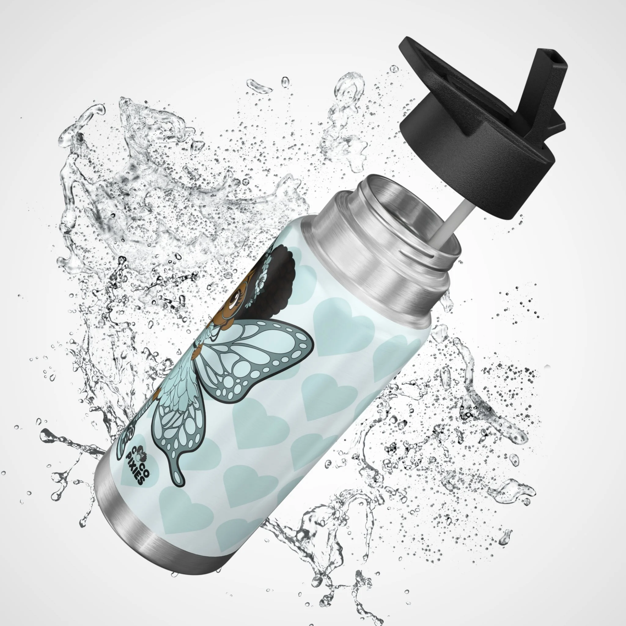 JoJo Jollypuff Pixie Stainless Steel Water Bottle by Coco Pixies featuring a cyan signature heart pattern, 32oz insulated tumbler with flip-top lid and whimsical Black pixie artwork.