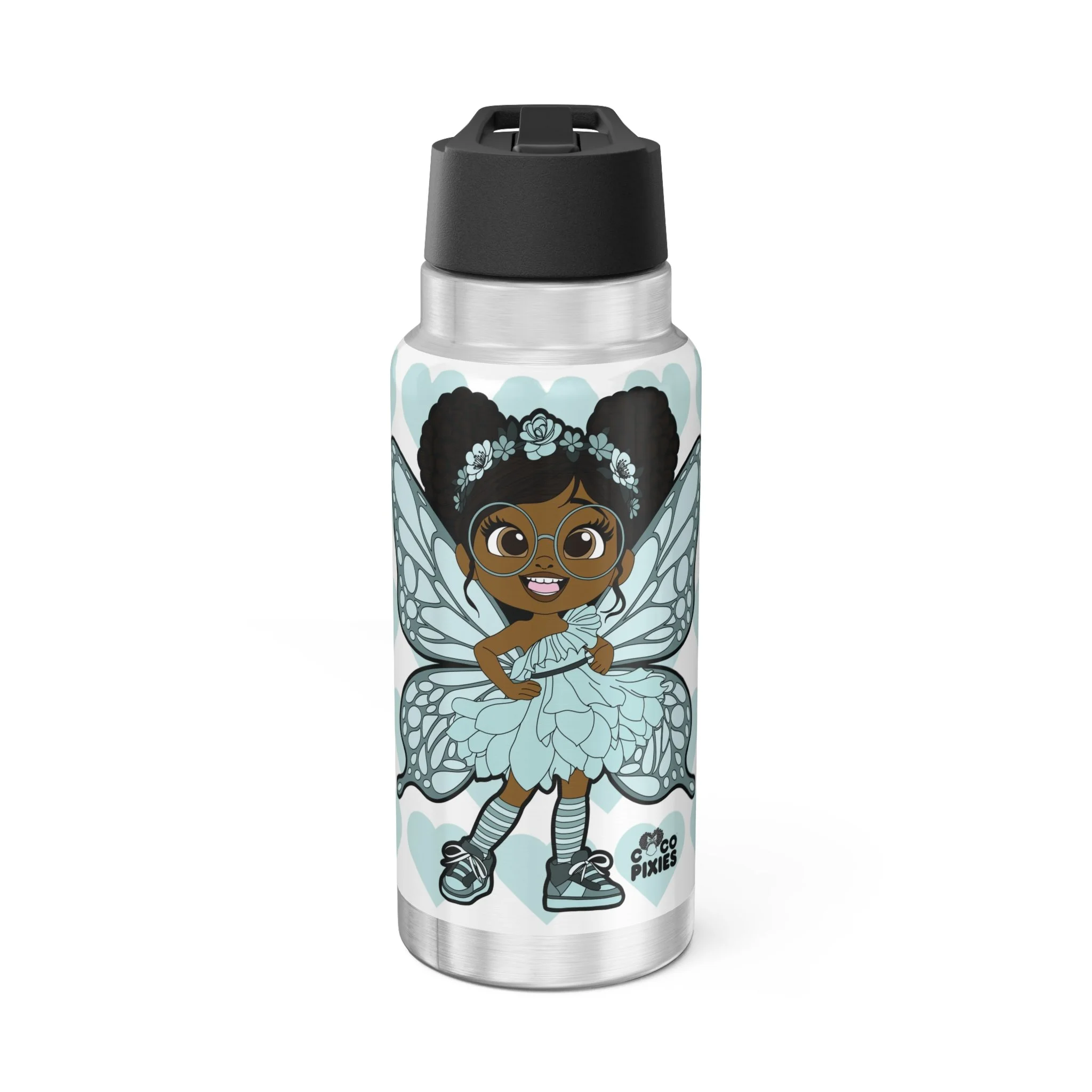 JoJo Jollypuff Pixie Stainless Steel Water Bottle - Coco Pixies Signature Heart Pattern 32oz Tumbler