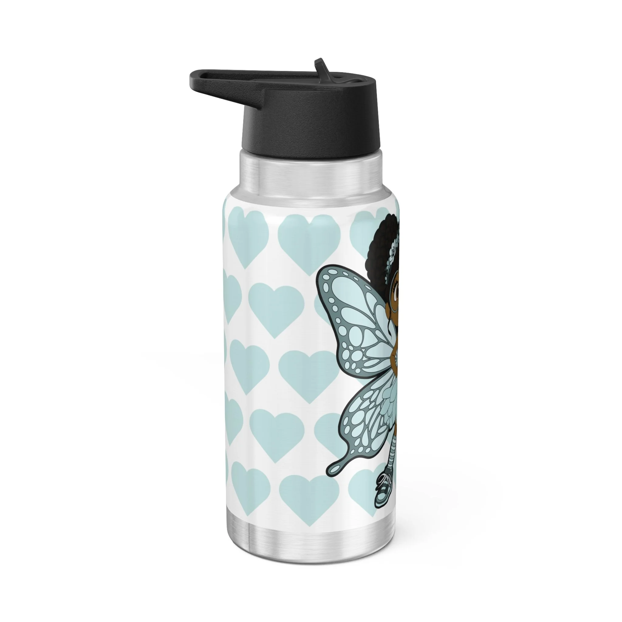 JoJo Jollypuff Pixie Stainless Steel Water Bottle by Coco Pixies featuring the signature heart pattern, 32oz insulated tumbler with flip-top lid and whimsical Black pixie artwork.