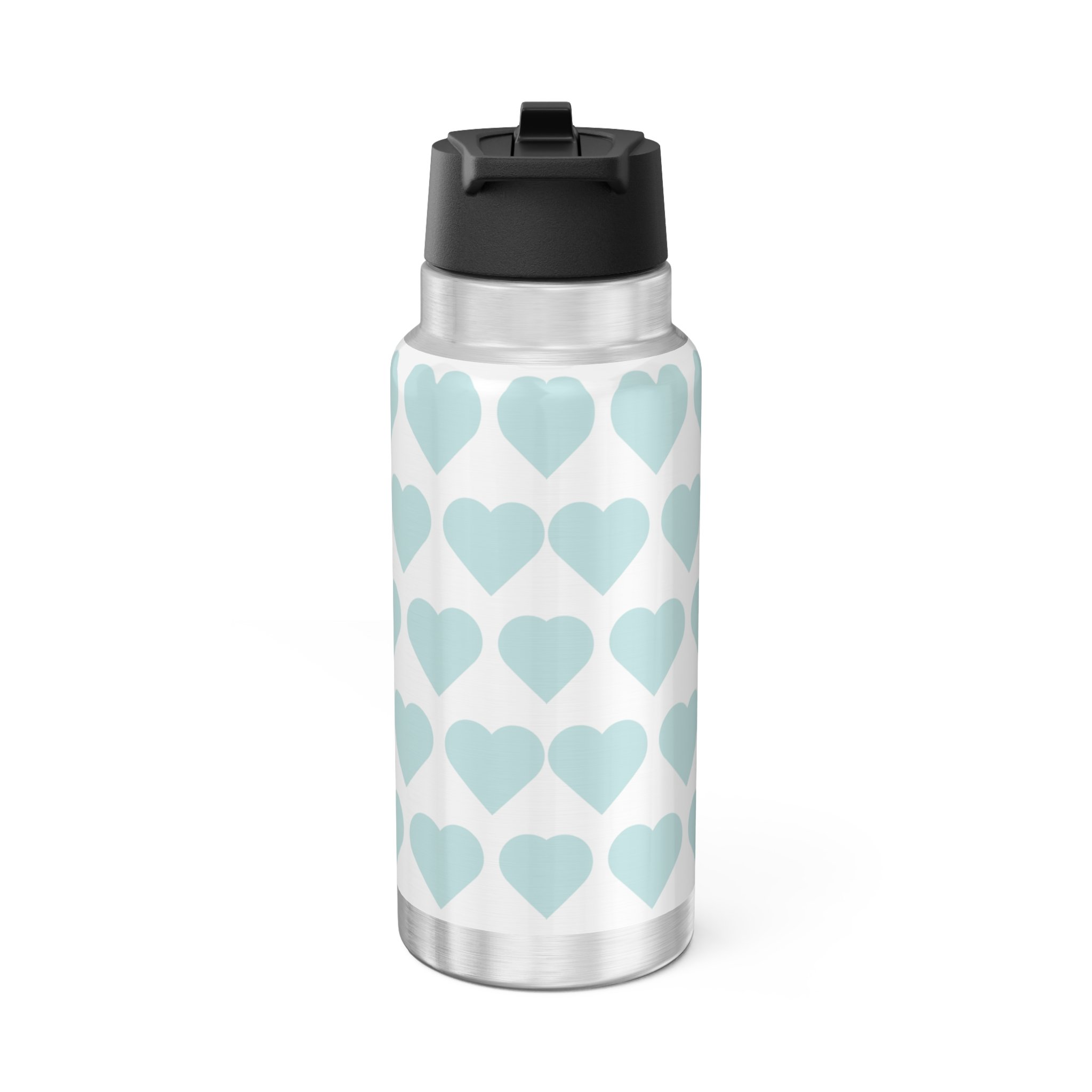 JoJo Jollypuff Pixie Stainless Steel Water Bottle by Coco Pixies featuring the signature heart pattern, 32oz insulated tumbler with flip-top lid and whimsical Black pixie artwork.