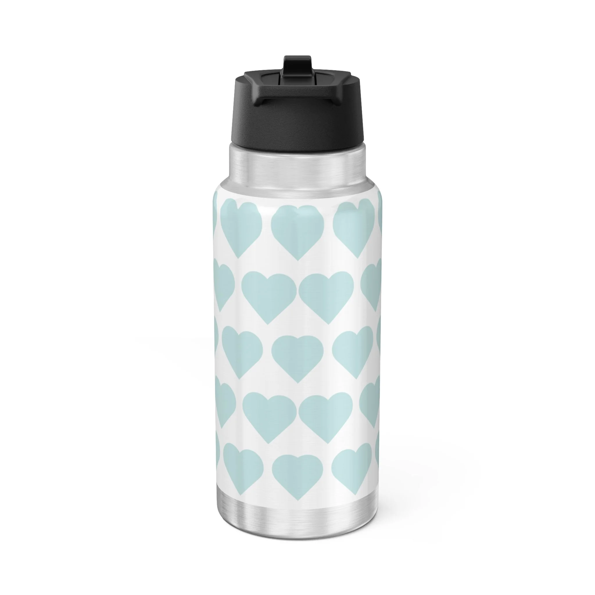 JoJo Jollypuff Pixie Stainless Steel Water Bottle by Coco Pixies featuring the signature heart pattern, 32oz insulated tumbler with flip-top lid and whimsical Black pixie artwork.