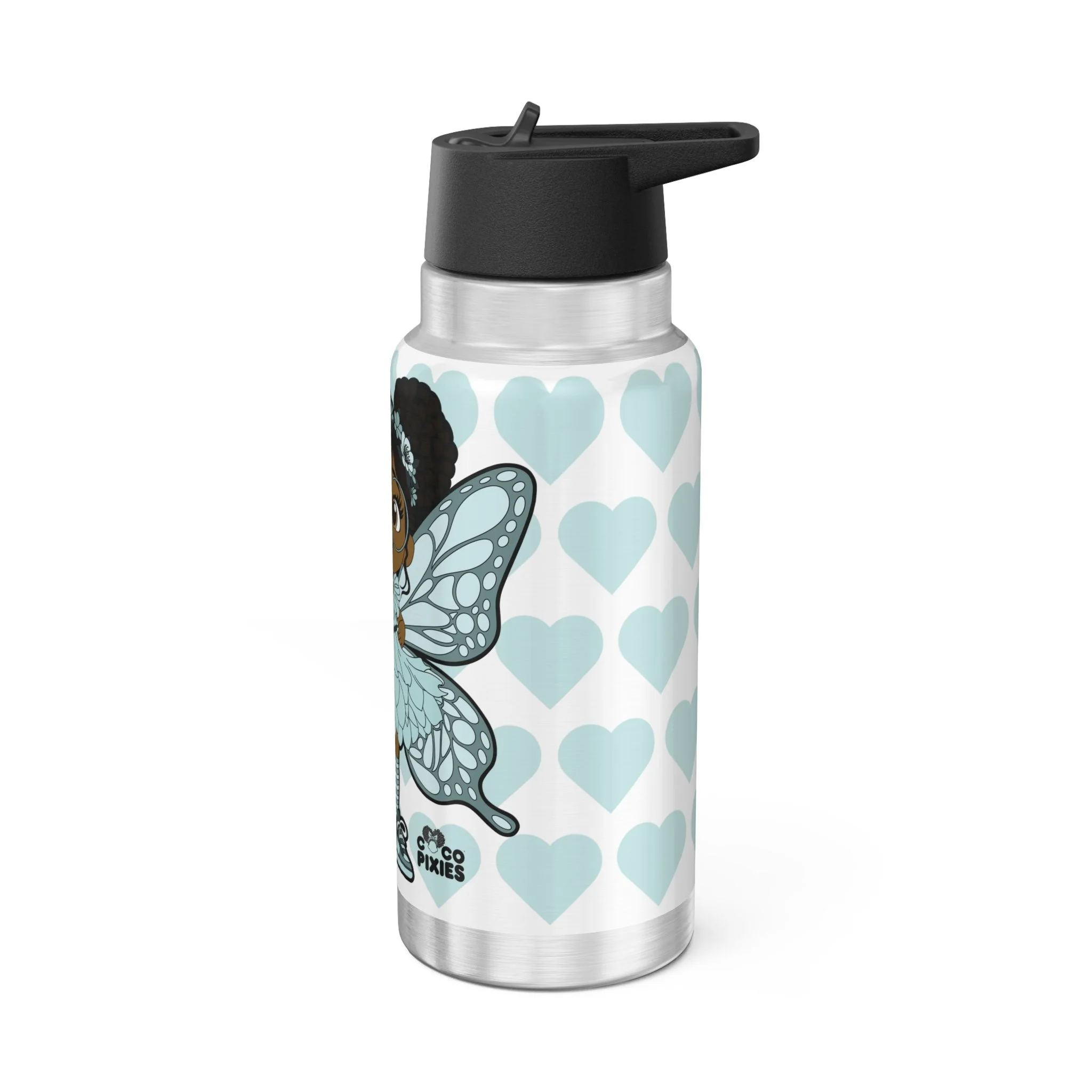 JoJo Jollypuff Pixie Stainless Steel Water Bottle by Coco Pixies featuring the signature heart pattern, 32oz insulated tumbler with flip-top lid and whimsical Black pixie artwork.