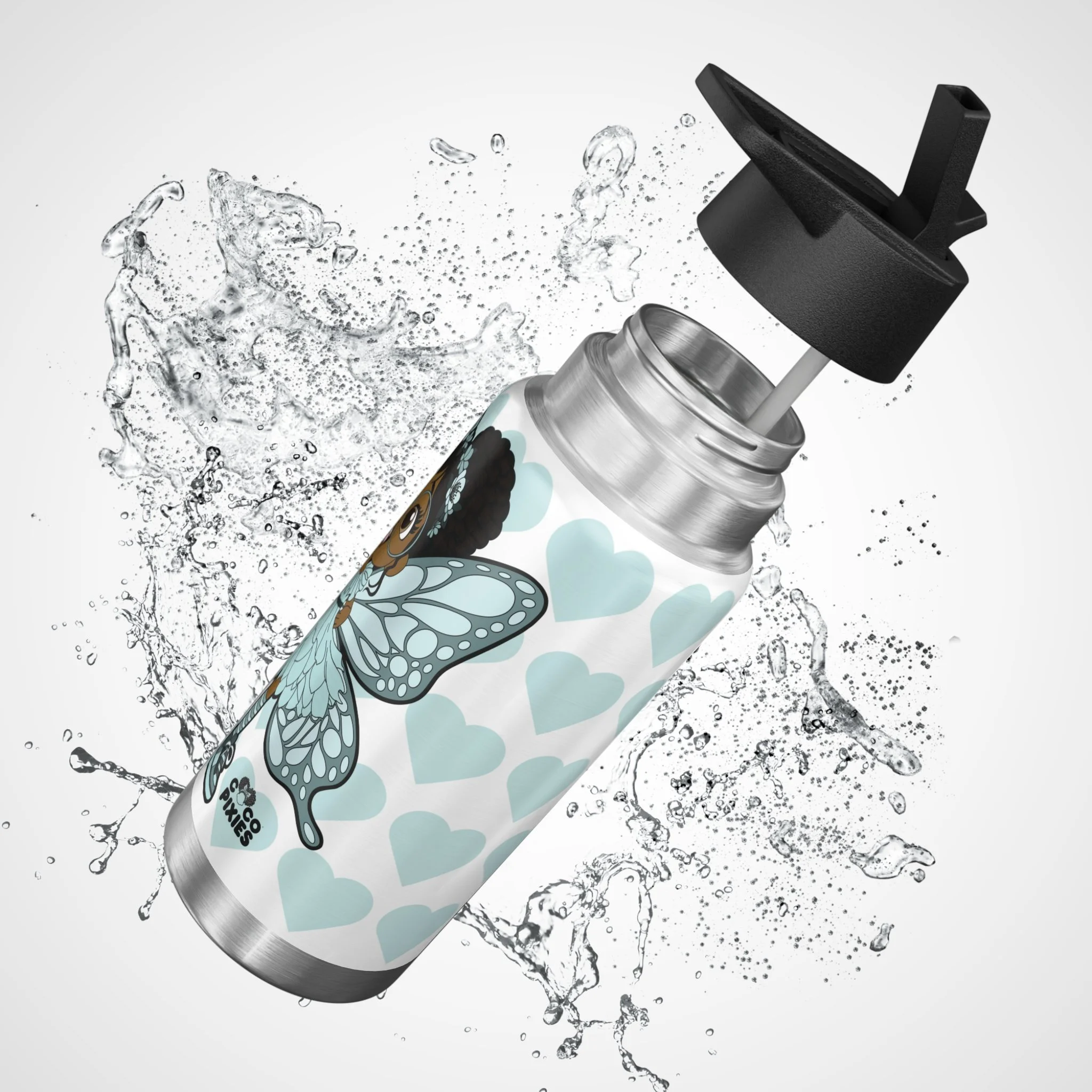 JoJo Jollypuff Pixie Stainless Steel Water Bottle by Coco Pixies featuring the signature heart pattern, 32oz insulated tumbler with flip-top lid and whimsical Black pixie artwork.