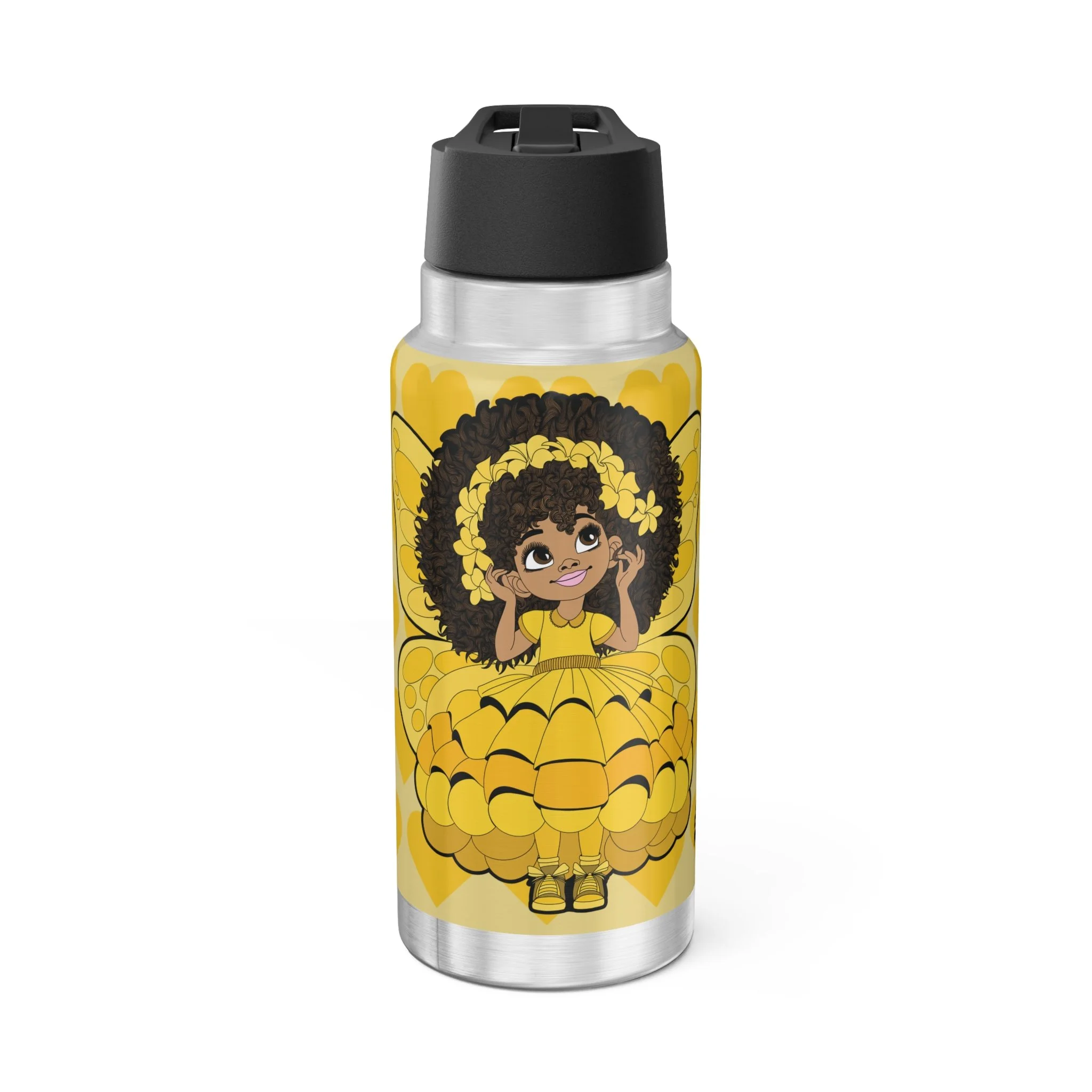 Blissful Brandie Pixie Stainless Steel Water Bottle featuring the COCO PIXIES Golden Yellow Signature Heart Pattern on a 32oz insulated tumbler with a leak-resistant black lid.