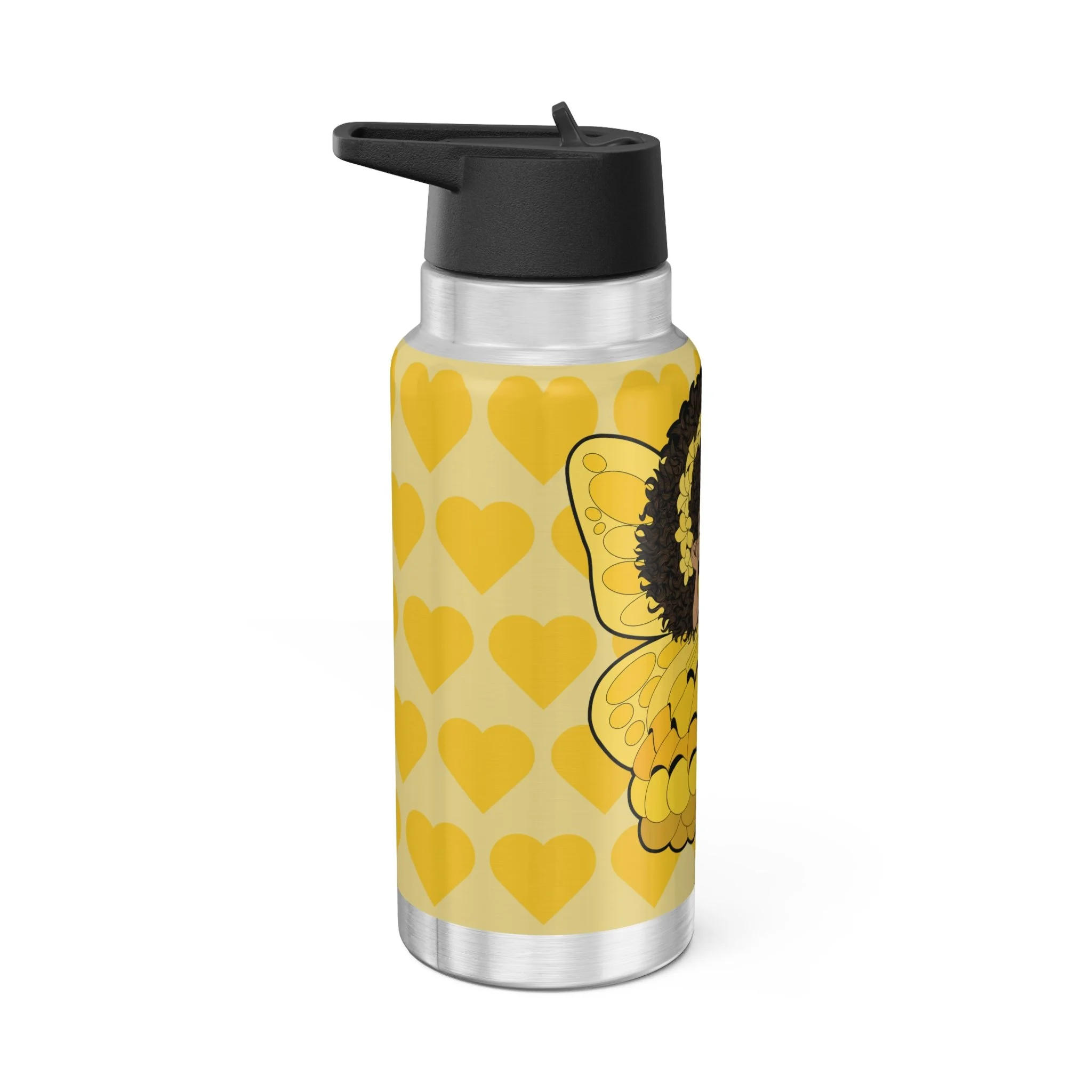 Blissful Brandie Pixie Stainless Steel Water Bottle featuring the COCO PIXIES Golden Yellow Signature Heart Pattern on a 32oz insulated tumbler with a leak-resistant black lid.