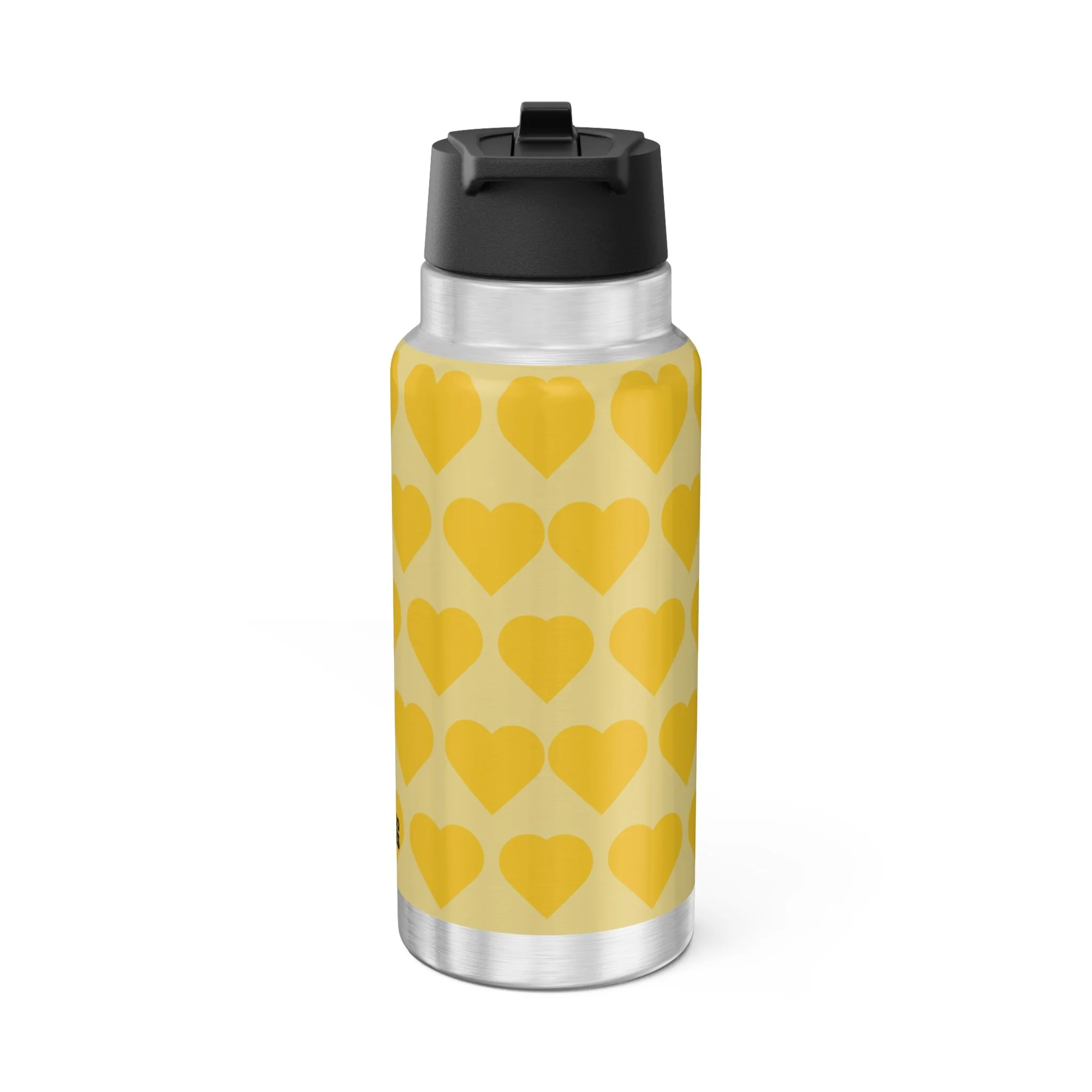 Blissful Brandie Pixie Stainless Steel Water Bottle featuring the COCO PIXIES Golden Yellow Signature Heart Pattern on a 32oz insulated tumbler with a leak-resistant black lid.