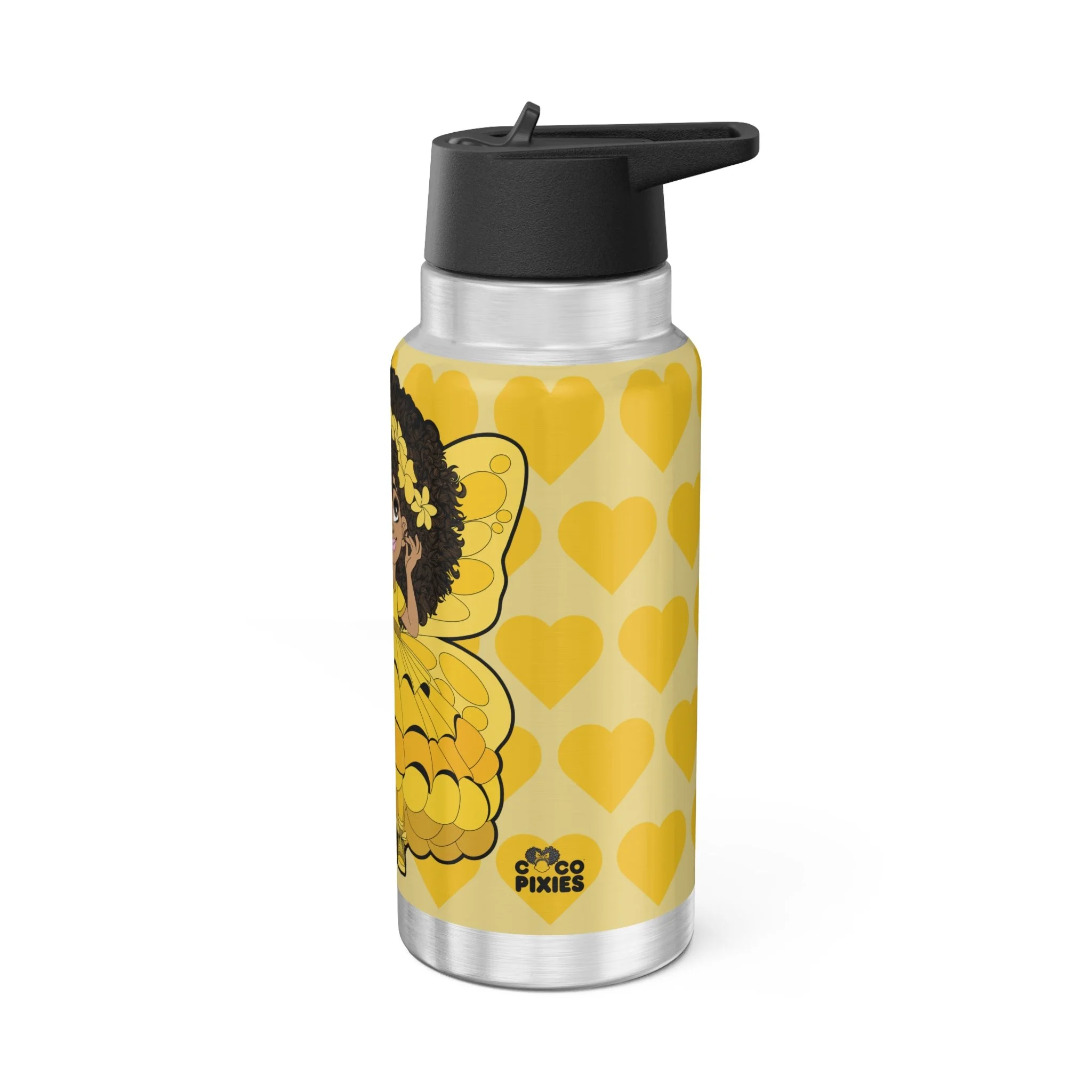 Blissful Brandie Pixie Stainless Steel Water Bottle featuring the COCO PIXIES Golden Yellow Signature Heart Pattern on a 32oz insulated tumbler with a leak-resistant black lid.