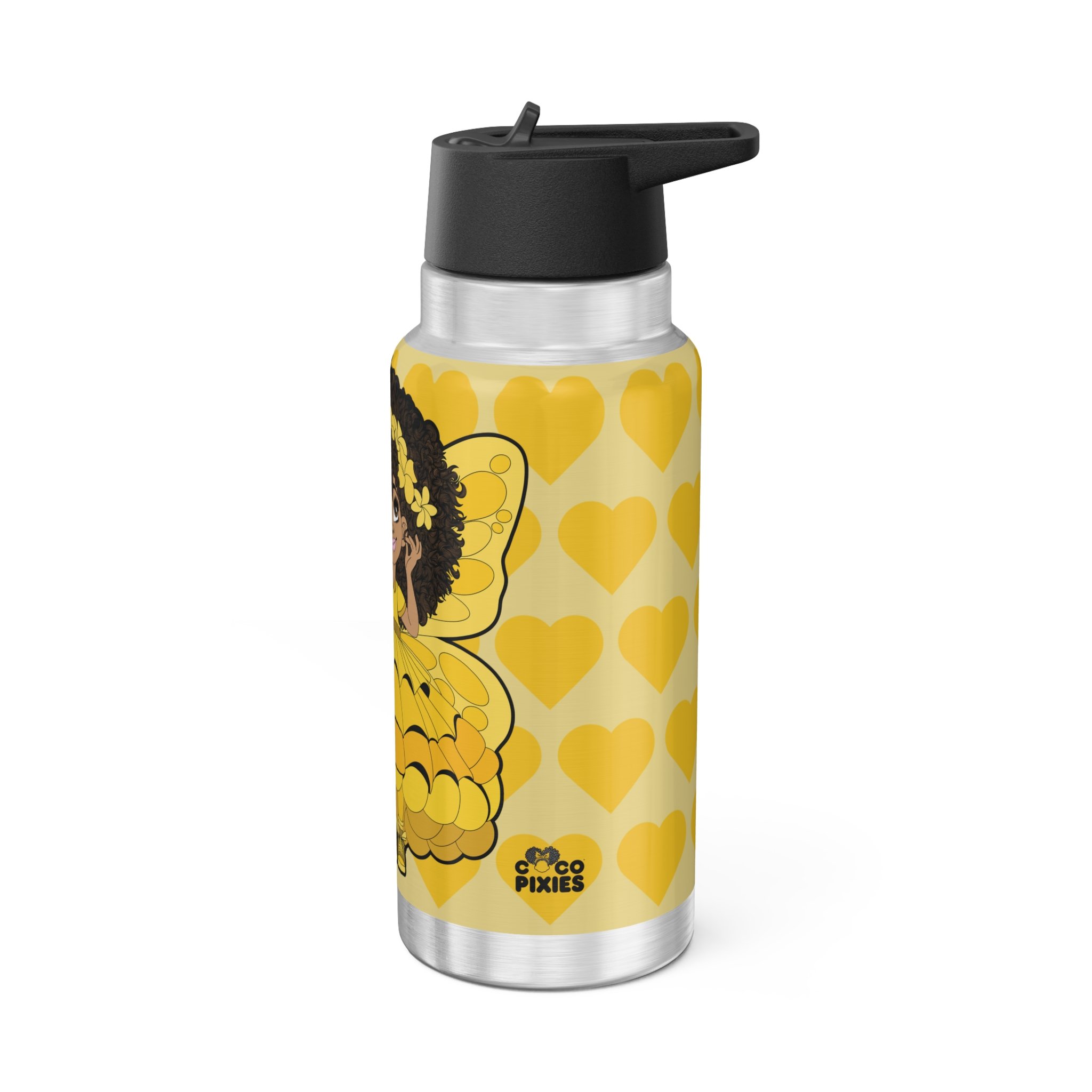 Blissful Brandie Pixie Stainless Steel Water Bottle featuring the COCO PIXIES Golden Yellow Signature Heart Pattern on a 32oz insulated tumbler with a leak-resistant black lid.