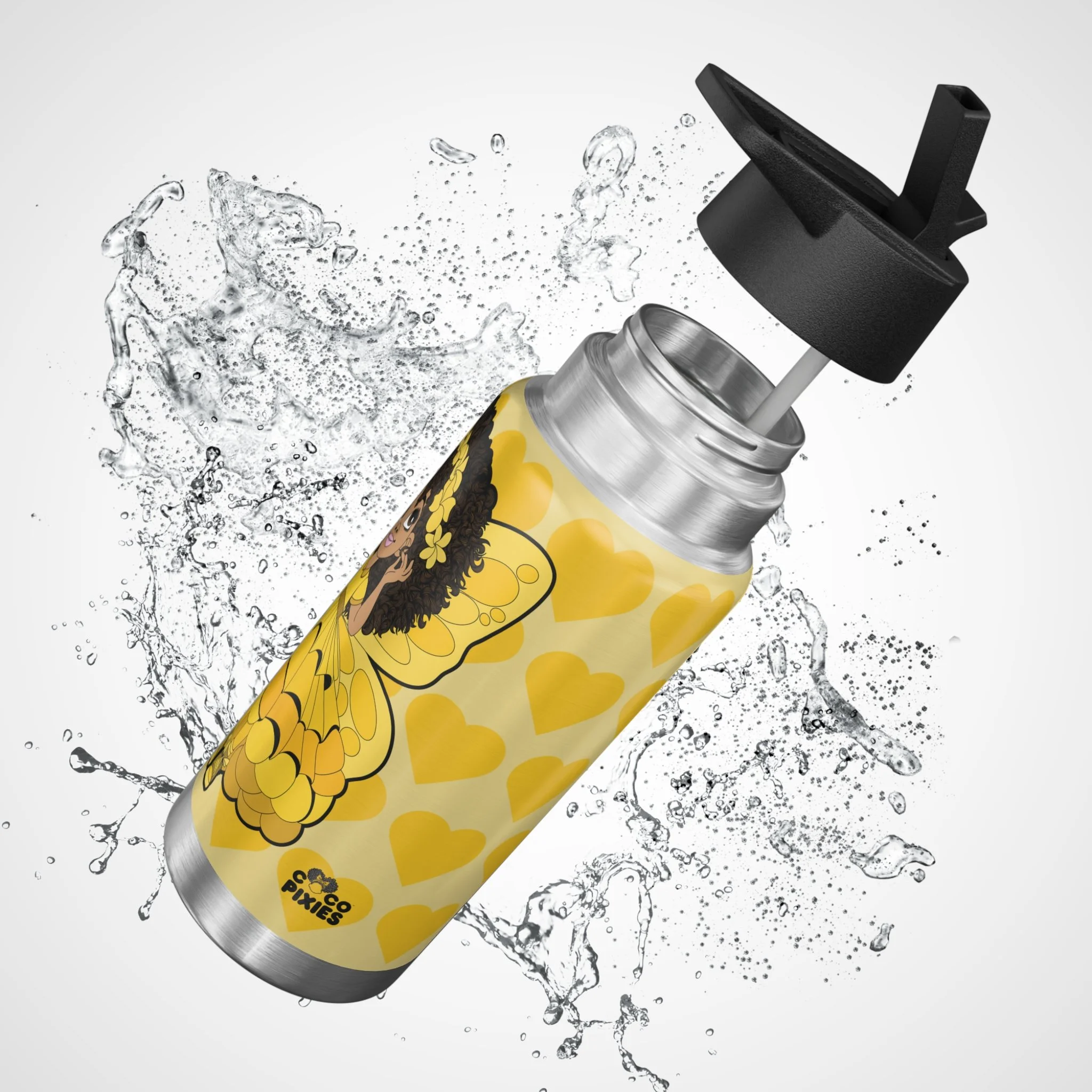 Blissful Brandie Pixie Stainless Steel Water Bottle featuring the COCO PIXIES Golden Yellow Signature Heart Pattern on a 32oz insulated tumbler with a leak-resistant black lid.