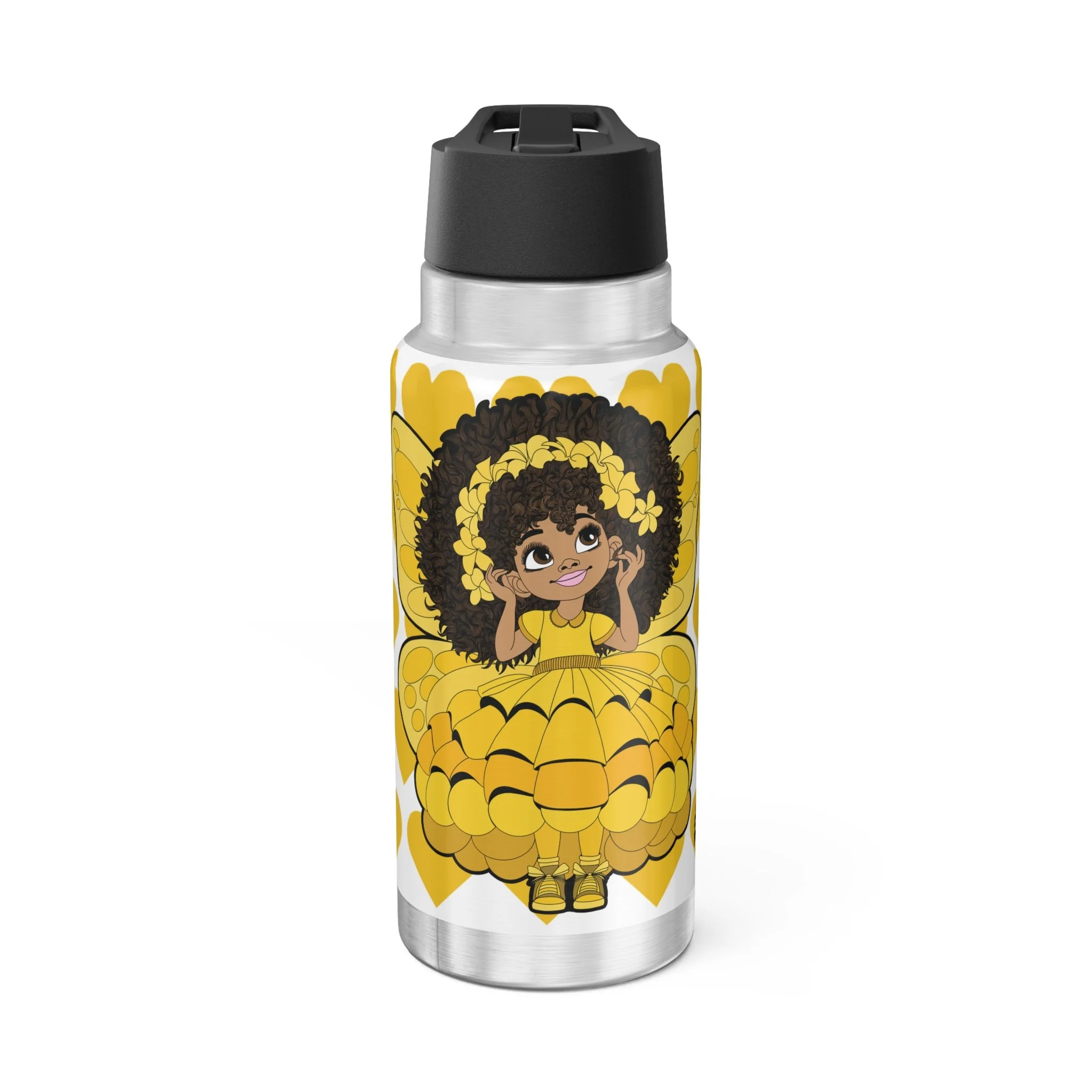 Blissful Brandie Pixie Stainless Steel Water Bottle featuring the COCO PIXIES Signature Heart Pattern on a 32oz insulated tumbler with a leak-resistant black lid.