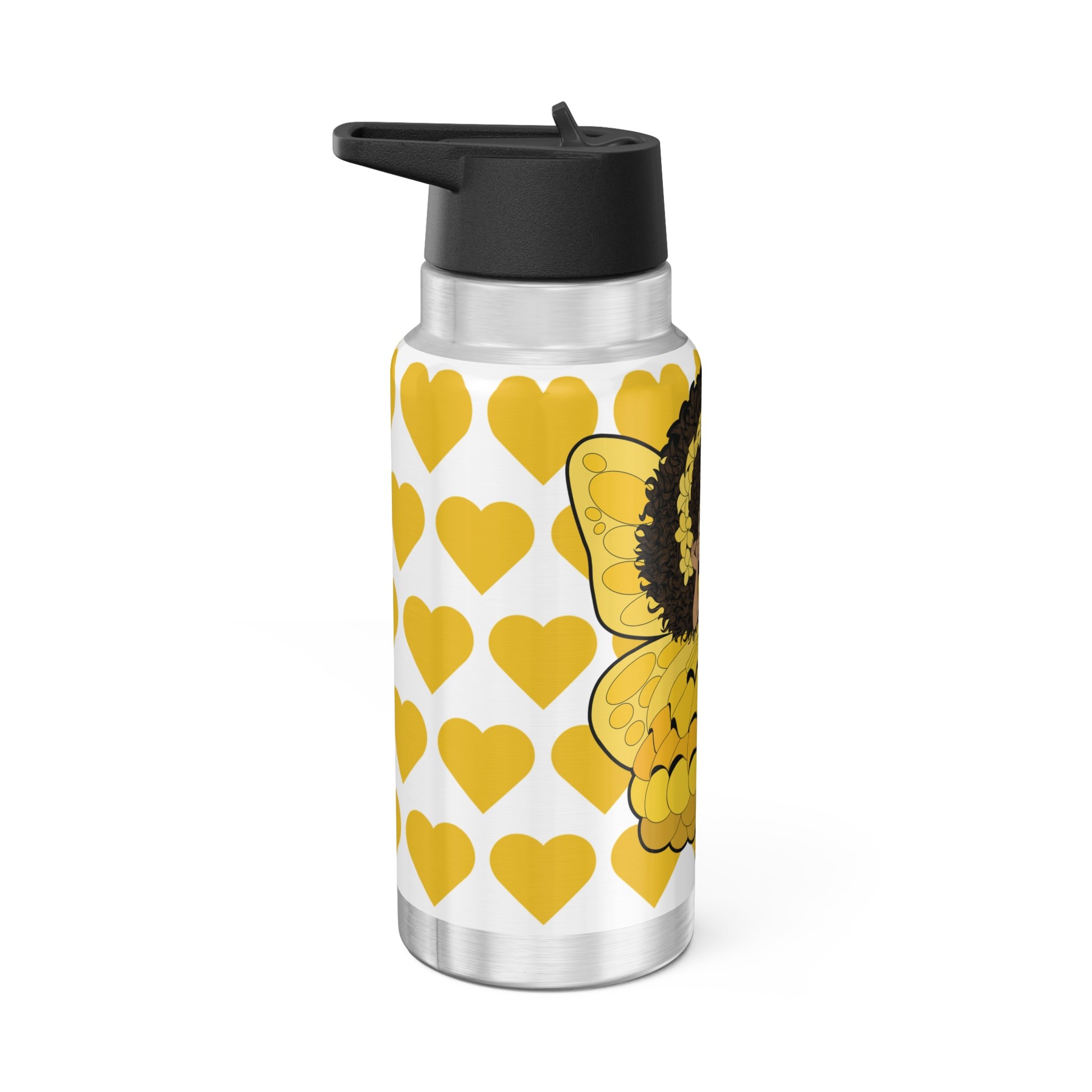 Blissful Brandie Pixie Stainless Steel Water Bottle featuring the COCO PIXIES Signature Heart Pattern on a 32oz insulated tumbler with a leak-resistant black lid.