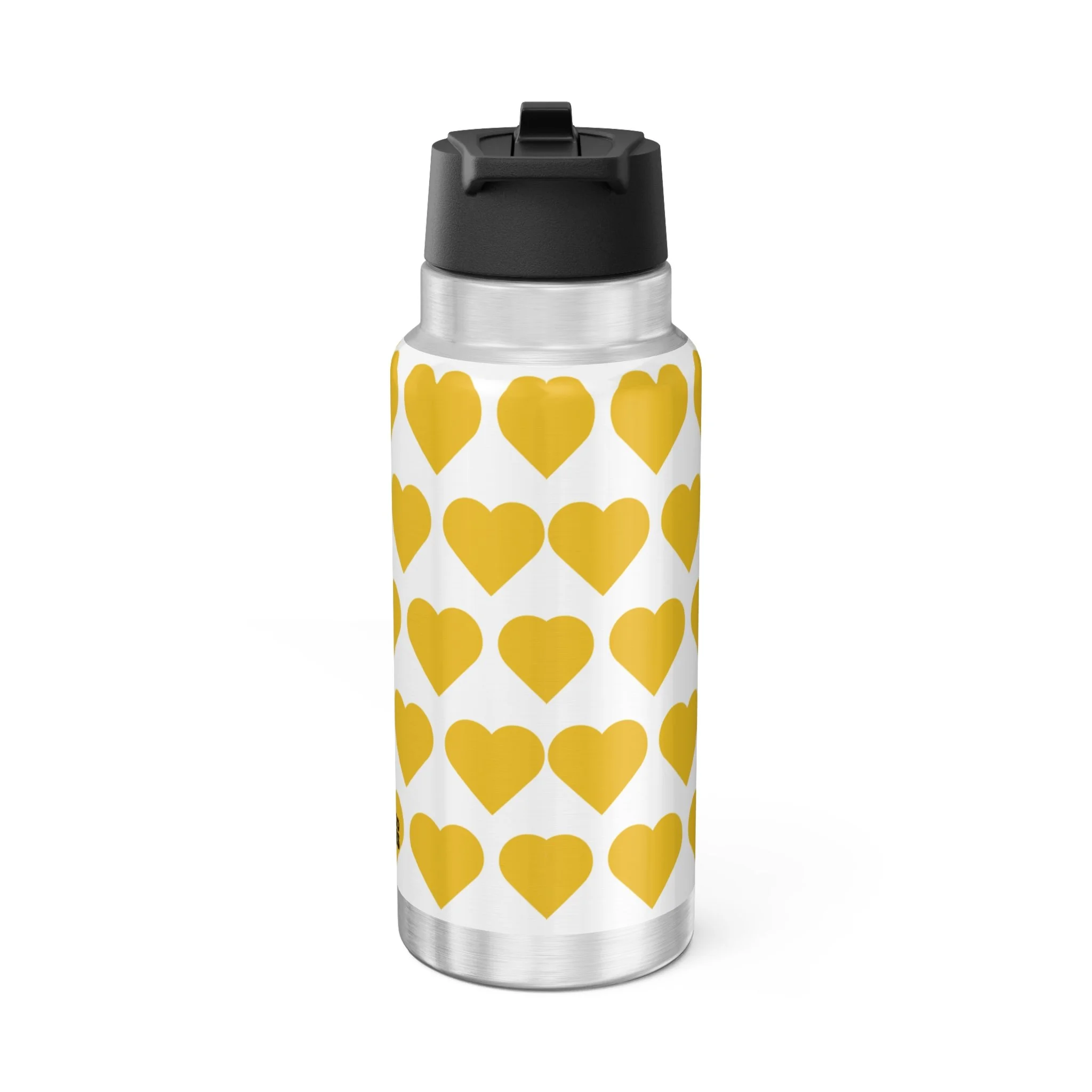 Blissful Brandie Pixie Stainless Steel Water Bottle featuring the COCO PIXIES Signature Heart Pattern on a 32oz insulated tumbler with a leak-resistant black lid.