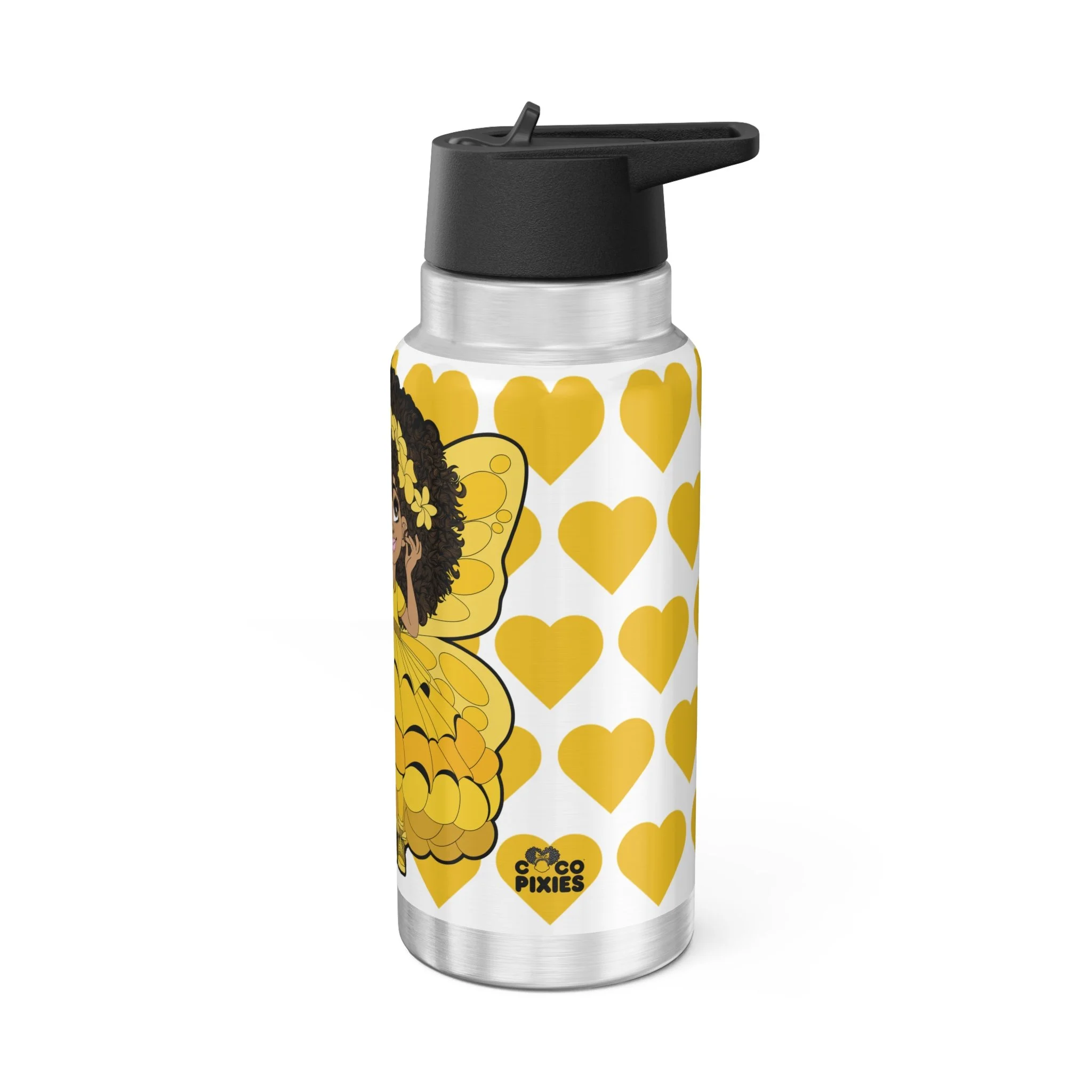 Blissful Brandie Pixie Stainless Steel Water Bottle featuring the COCO PIXIES Signature Heart Pattern on a 32oz insulated tumbler with a leak-resistant black lid.