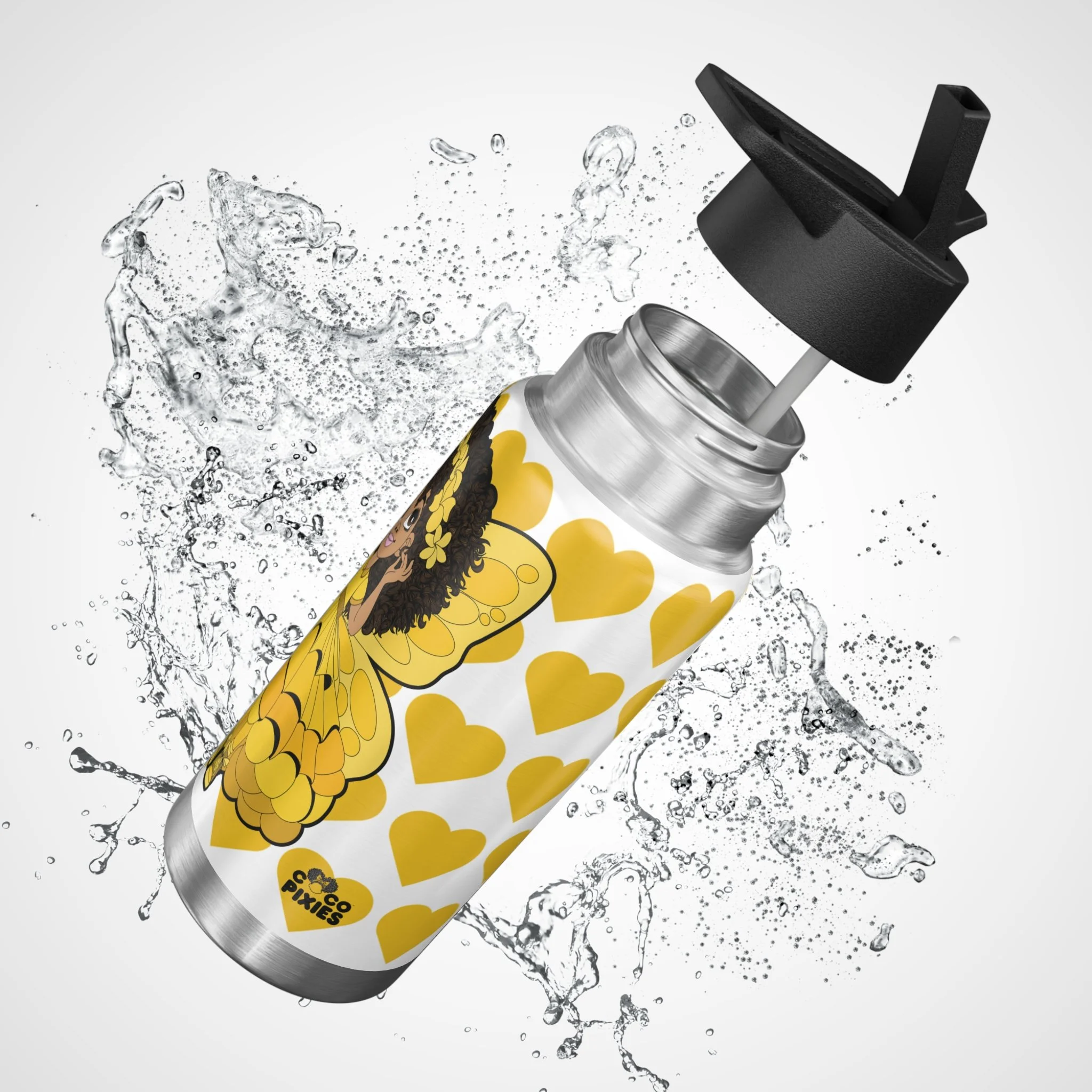 Blissful Brandie Pixie Stainless Steel Water Bottle featuring the COCO PIXIES Signature Heart Pattern on a 32oz insulated tumbler with a leak-resistant black lid.
