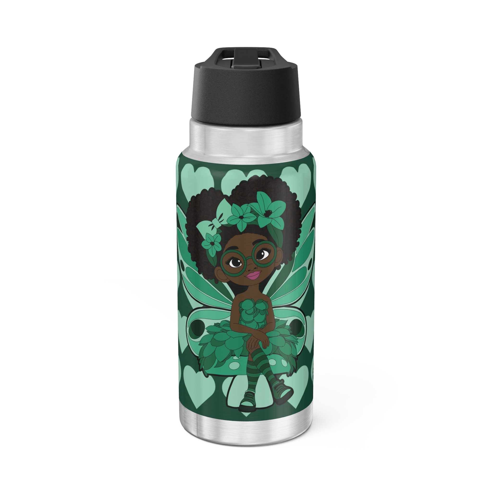Brilliant Bailey Pixie Stainless Steel Water Bottle – COCO PIXIES Emerald Green Signature Heart Pattern 32oz insulated tumbler featuring a Black pixie with afro puffs, wings and glasses