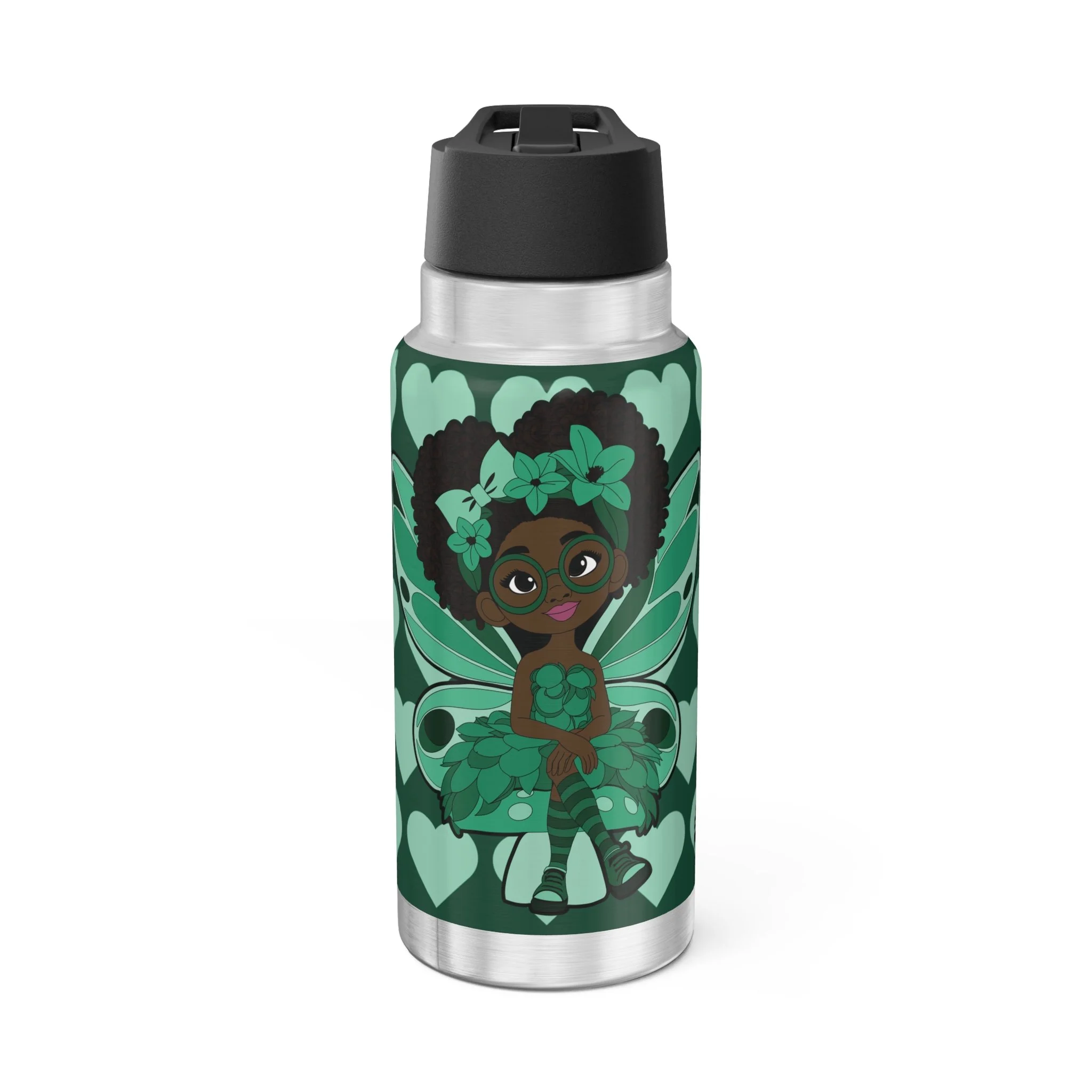 Brilliant Bailey Pixie Stainless Steel Water Bottle - Coco Pixies Emerald Green Signature Heart Pattern 32oz Tumbler