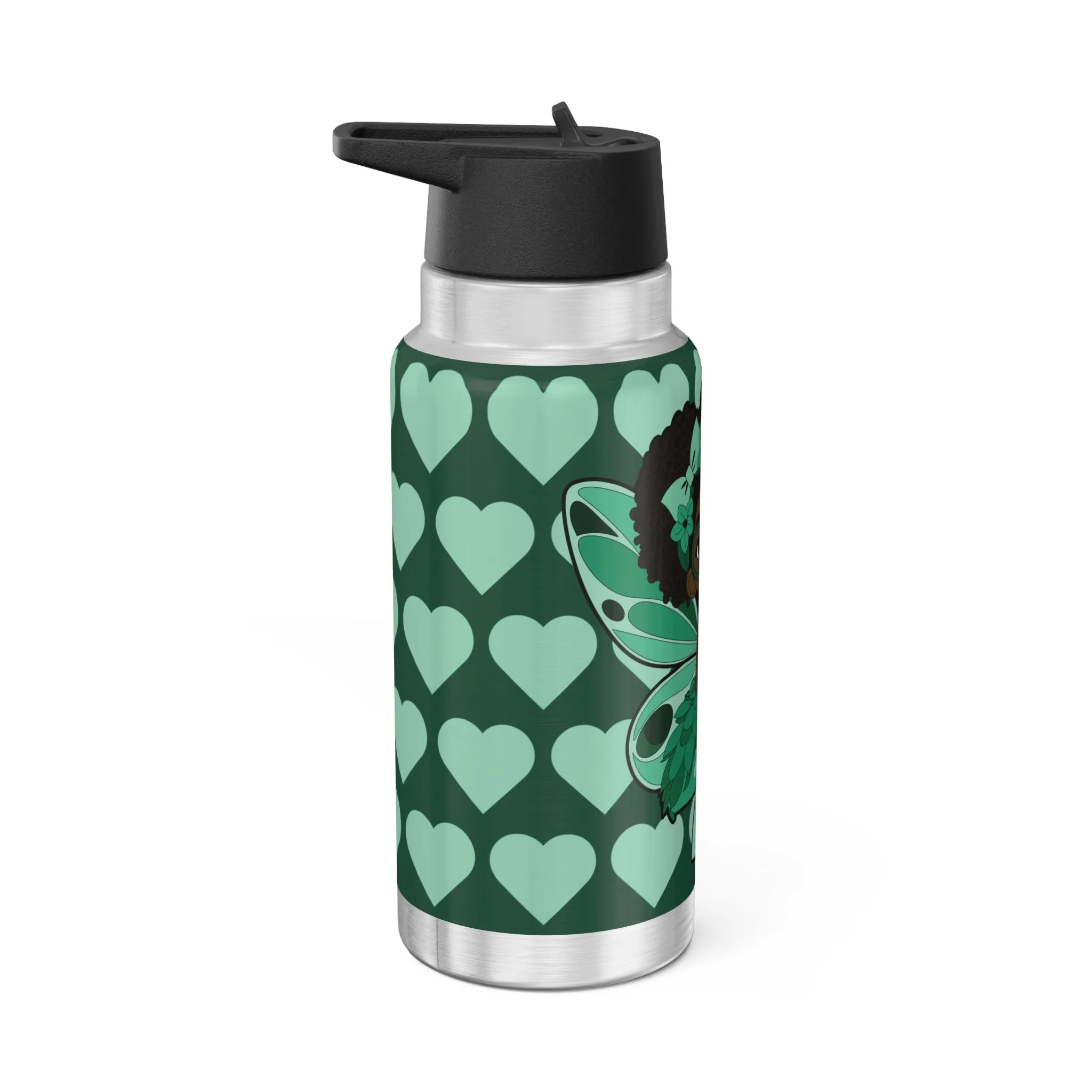 Brilliant Bailey Pixie Stainless Steel Water Bottle – COCO PIXIES Emerald Green Signature Heart Pattern 32oz insulated tumbler featuring a Black pixie with afro puffs, wings and glasses