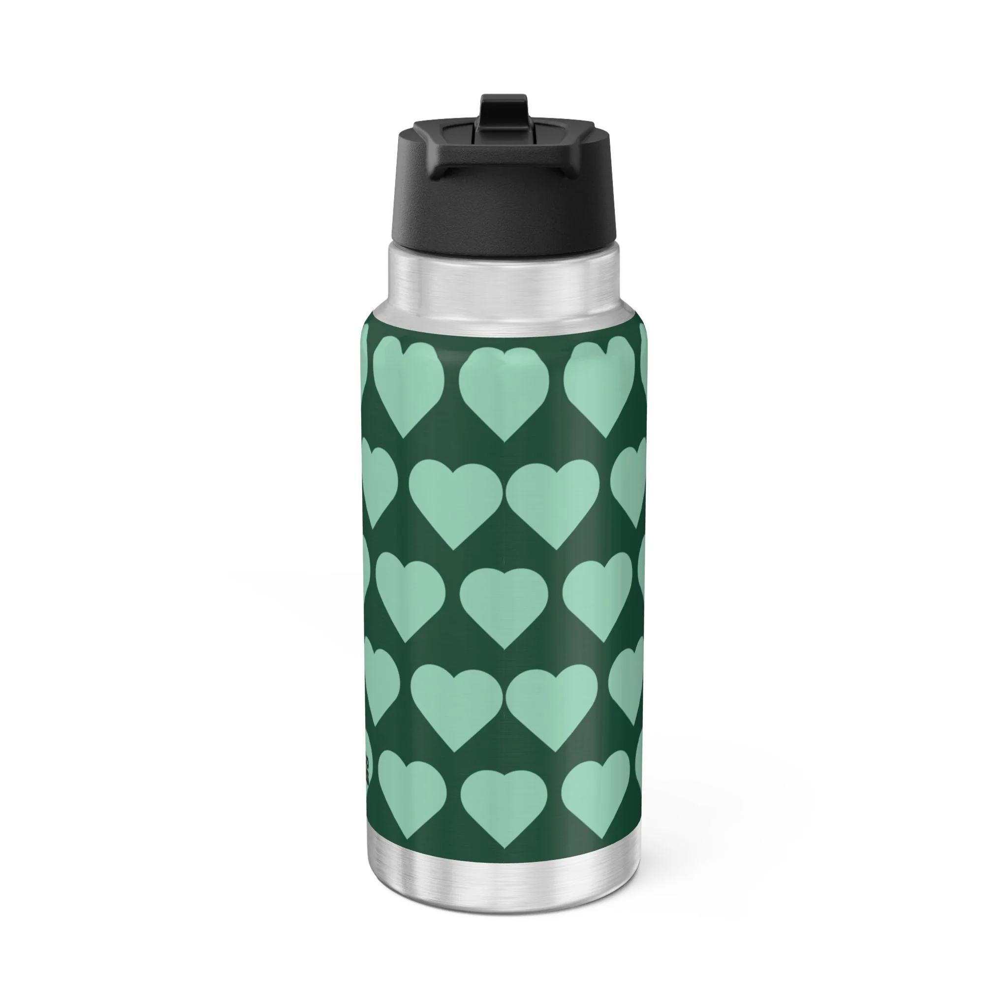 Brilliant Bailey Pixie Stainless Steel Water Bottle – COCO PIXIES Emerald Green Signature Heart Pattern 32oz insulated tumbler featuring a Black pixie with afro puffs, wings and glasses