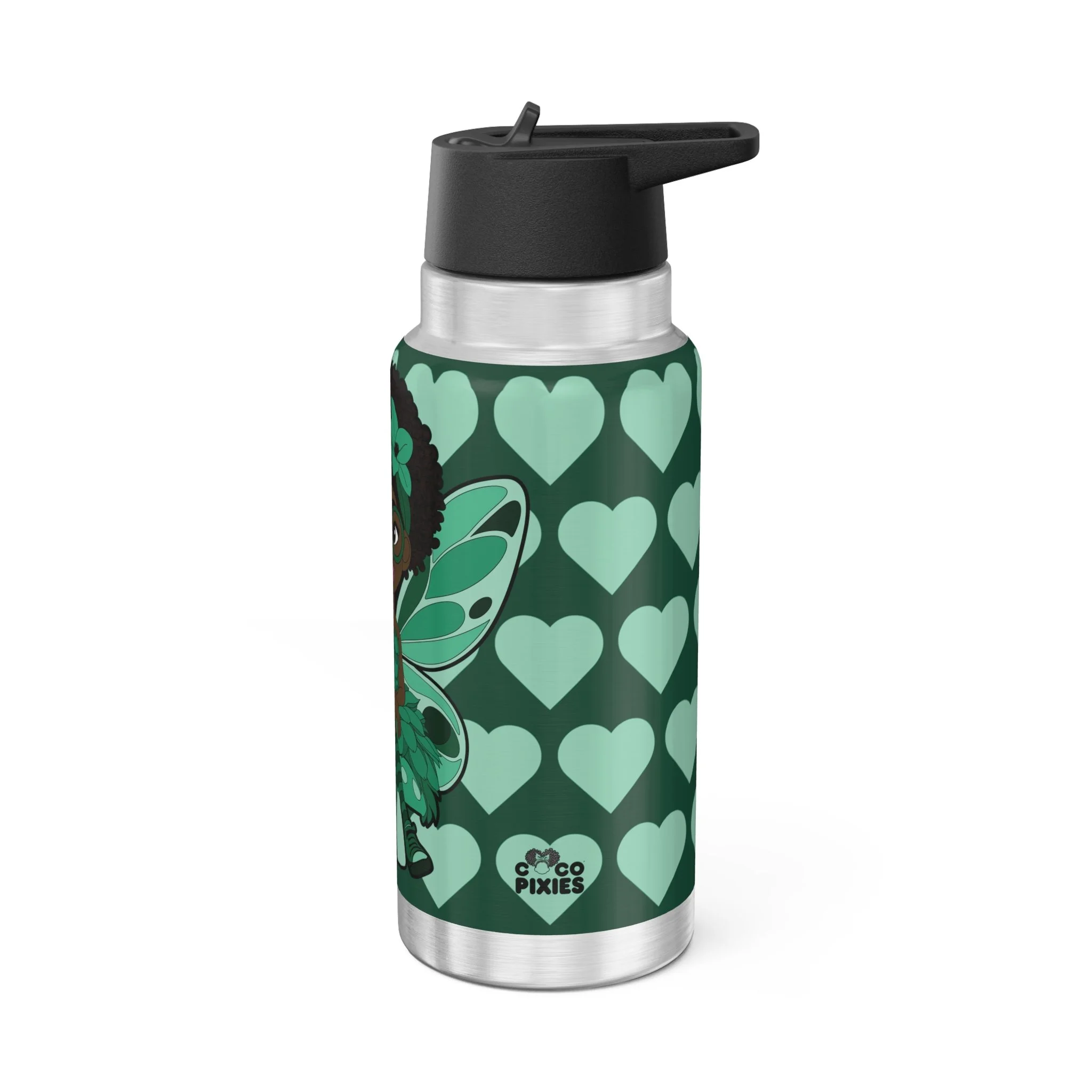 Brilliant Bailey Pixie Stainless Steel Water Bottle – COCO PIXIES Emerald Green Signature Heart Pattern 32oz insulated tumbler featuring a Black pixie with afro puffs, wings and glasses
