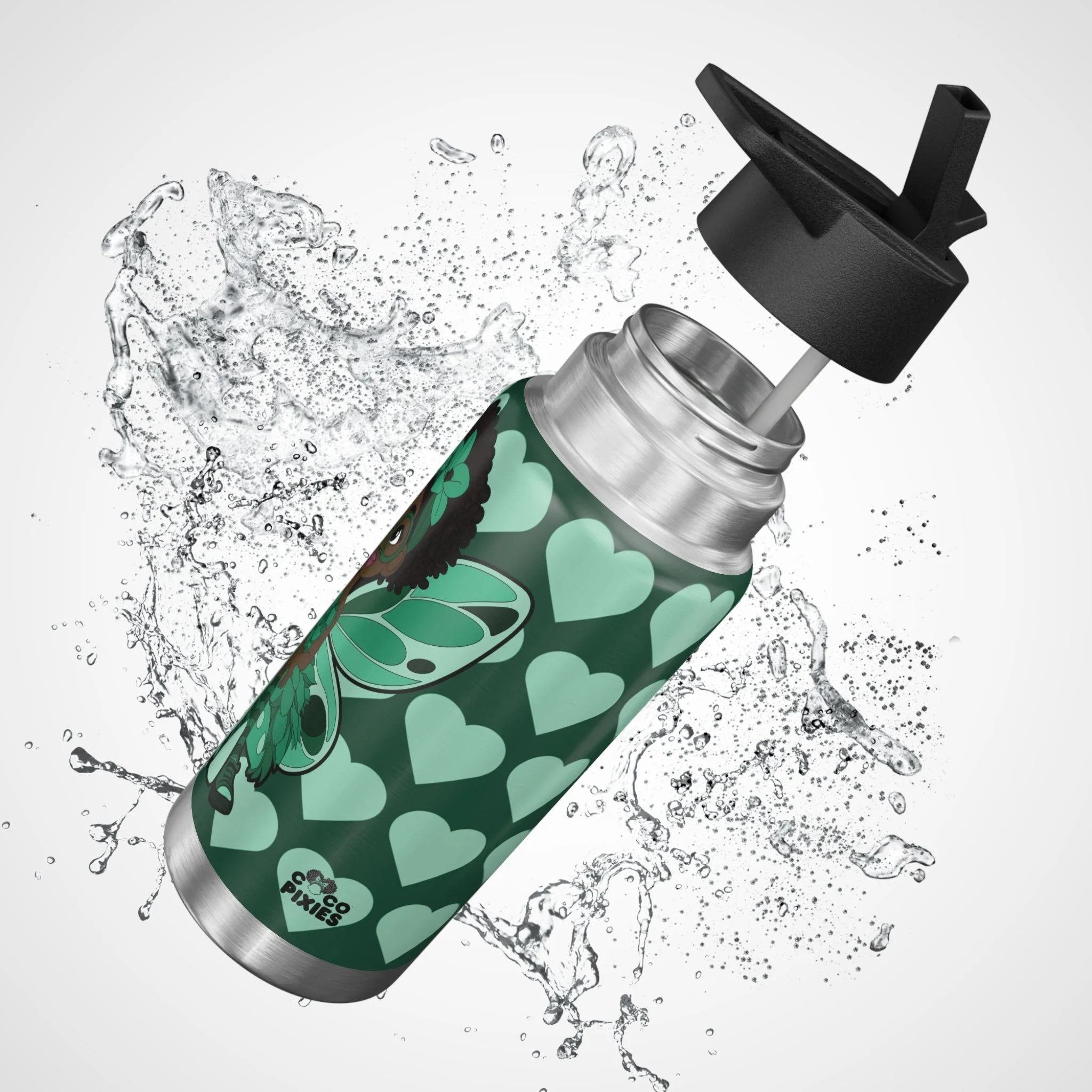 Brilliant Bailey Pixie Stainless Steel Water Bottle – COCO PIXIES Emerald Green Signature Heart Pattern 32oz insulated tumbler featuring a Black pixie with afro puffs, wings and glasses
