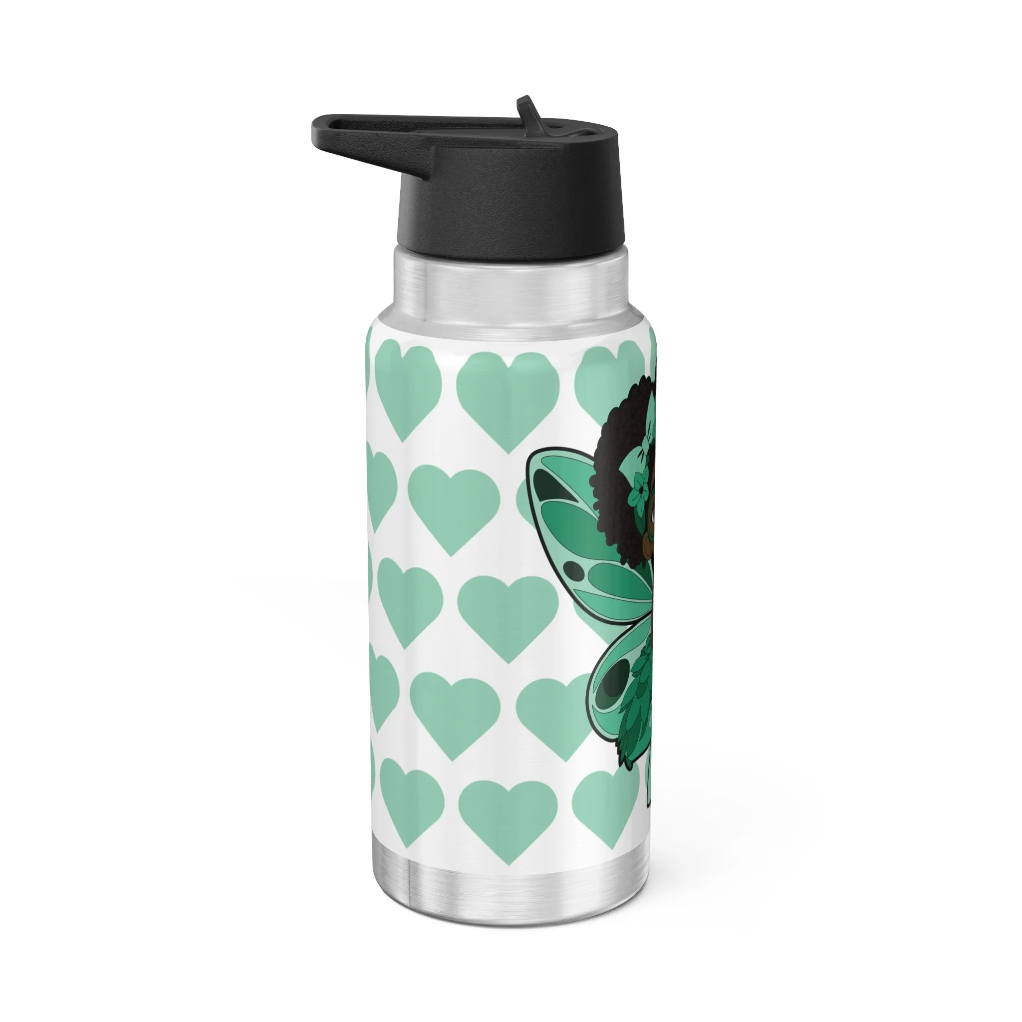 Brilliant Bailey Pixie Stainless Steel Water Bottle – COCO PIXIES Signature Heart Pattern 32oz insulated tumbler featuring a Black pixie with afro puffs, mint green wings, glasses, and floral accents.