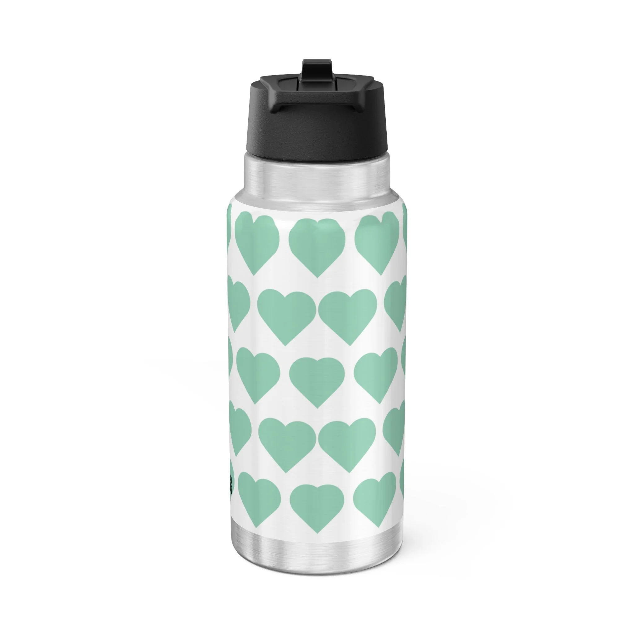 Brilliant Bailey Pixie Stainless Steel Water Bottle – COCO PIXIES Signature Heart Pattern 32oz insulated tumbler featuring a Black pixie with afro puffs, mint green wings, glasses, and floral accents.