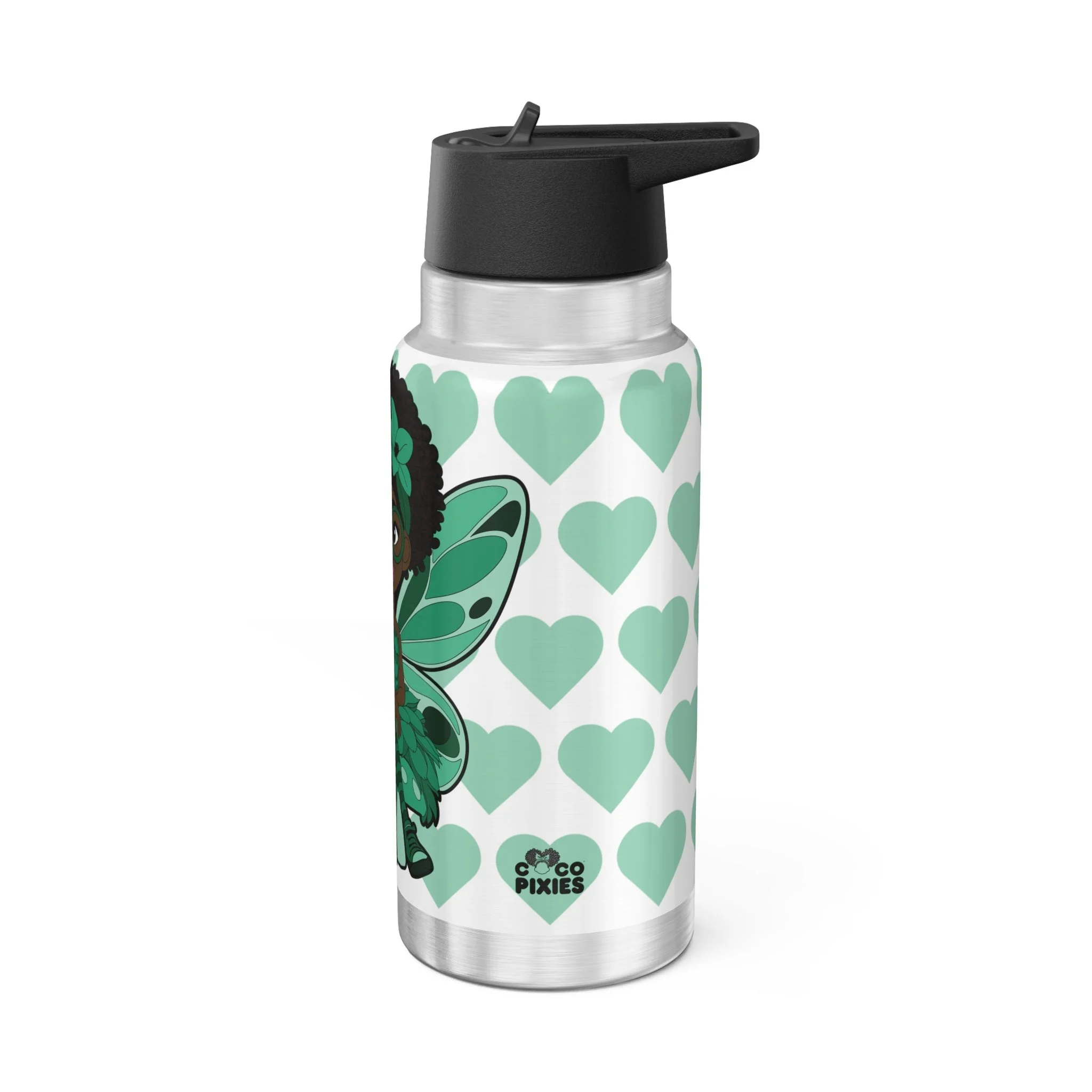 Brilliant Bailey Pixie Stainless Steel Water Bottle – COCO PIXIES Signature Heart Pattern 32oz insulated tumbler featuring a Black pixie with afro puffs, mint green wings, glasses, and floral accents.