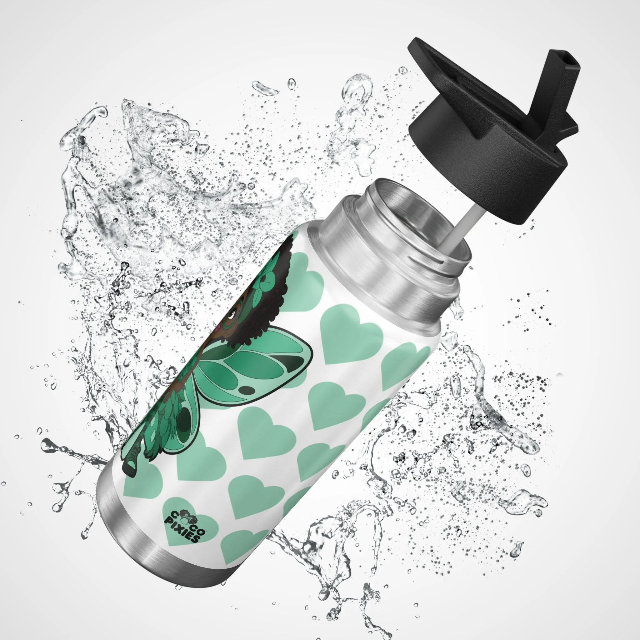 Brilliant Bailey Pixie Stainless Steel Water Bottle – COCO PIXIES Signature Heart Pattern 32oz insulated tumbler featuring a Black pixie with afro puffs, mint green wings, glasses, and floral accents.