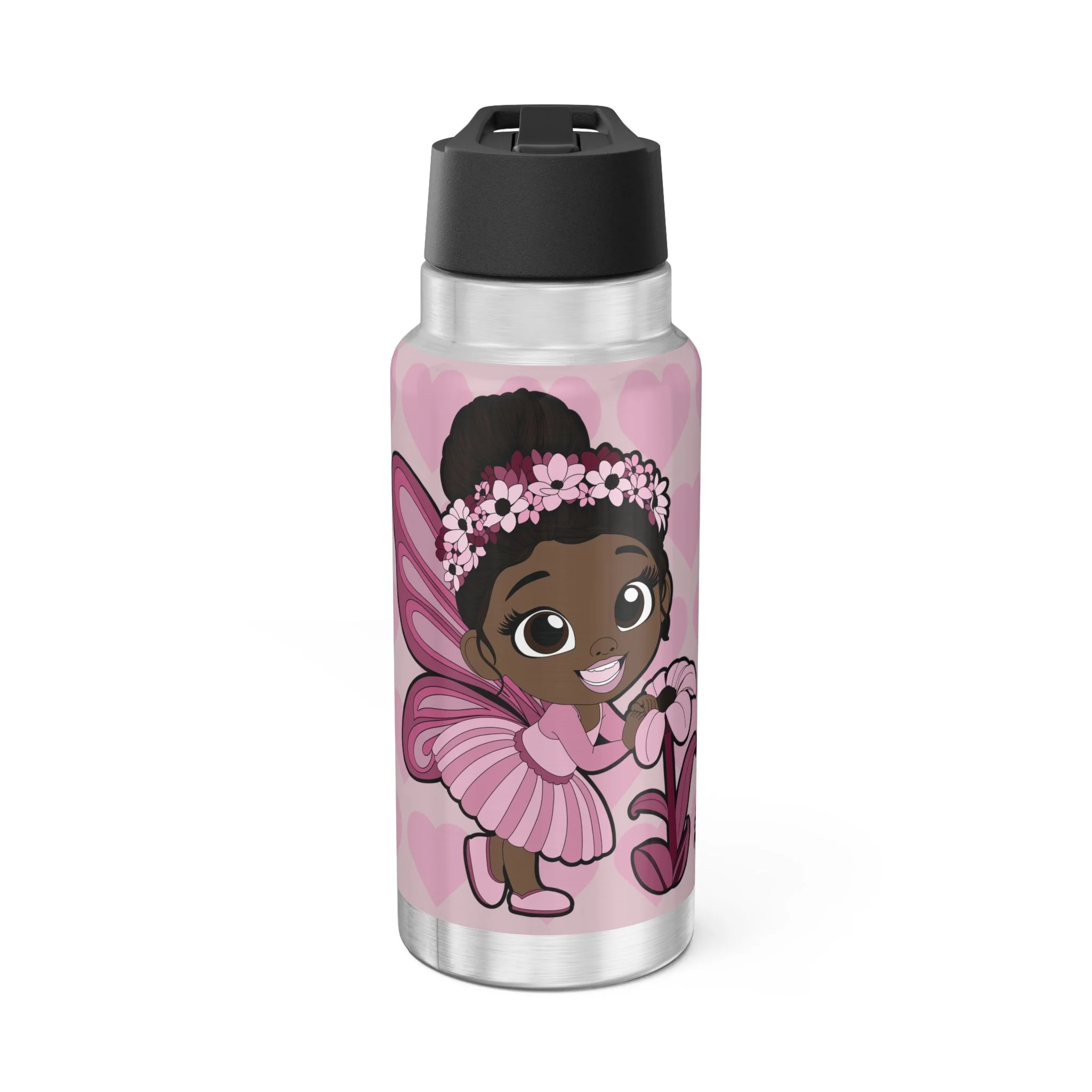 Tara Twinkle Pixie Stainless Steel Water Bottle - Coco Pixies Blush Pink Signature Heart Pattern 32oz Tumbler