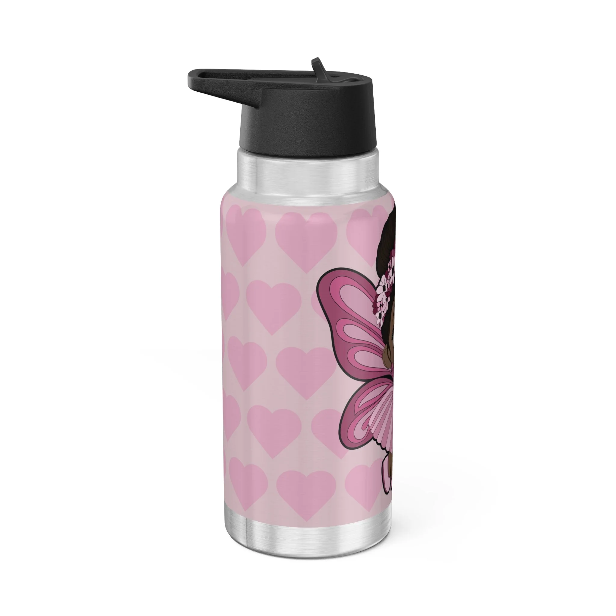 Tara Twinkle Pixie Stainless Steel Water Bottle 32oz Tumbler featuring Coco Pixies blush pink signature heart pattern with adorable Black pixie character artwork