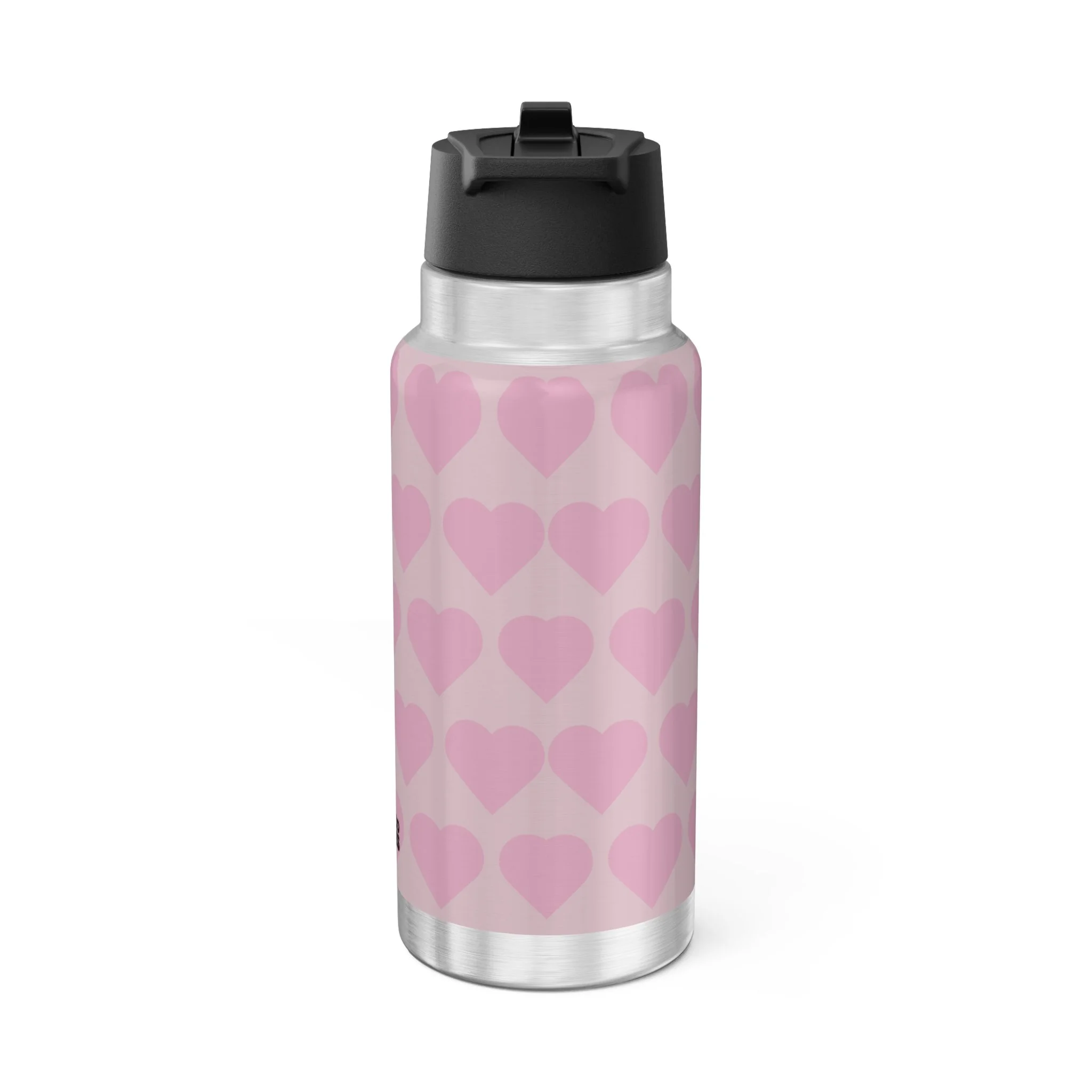 Tara Twinkle Pixie Stainless Steel Water Bottle 32oz Tumbler featuring Coco Pixies blush pink signature heart pattern with adorable Black pixie character artwork