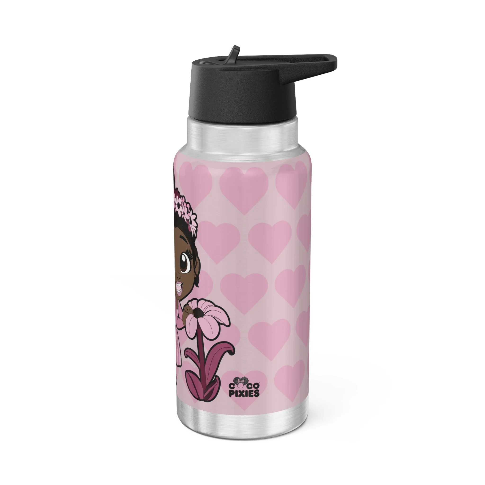 Tara Twinkle Pixie Stainless Steel Water Bottle 32oz Tumbler featuring Coco Pixies blush pink signature heart pattern with adorable Black pixie character artwork