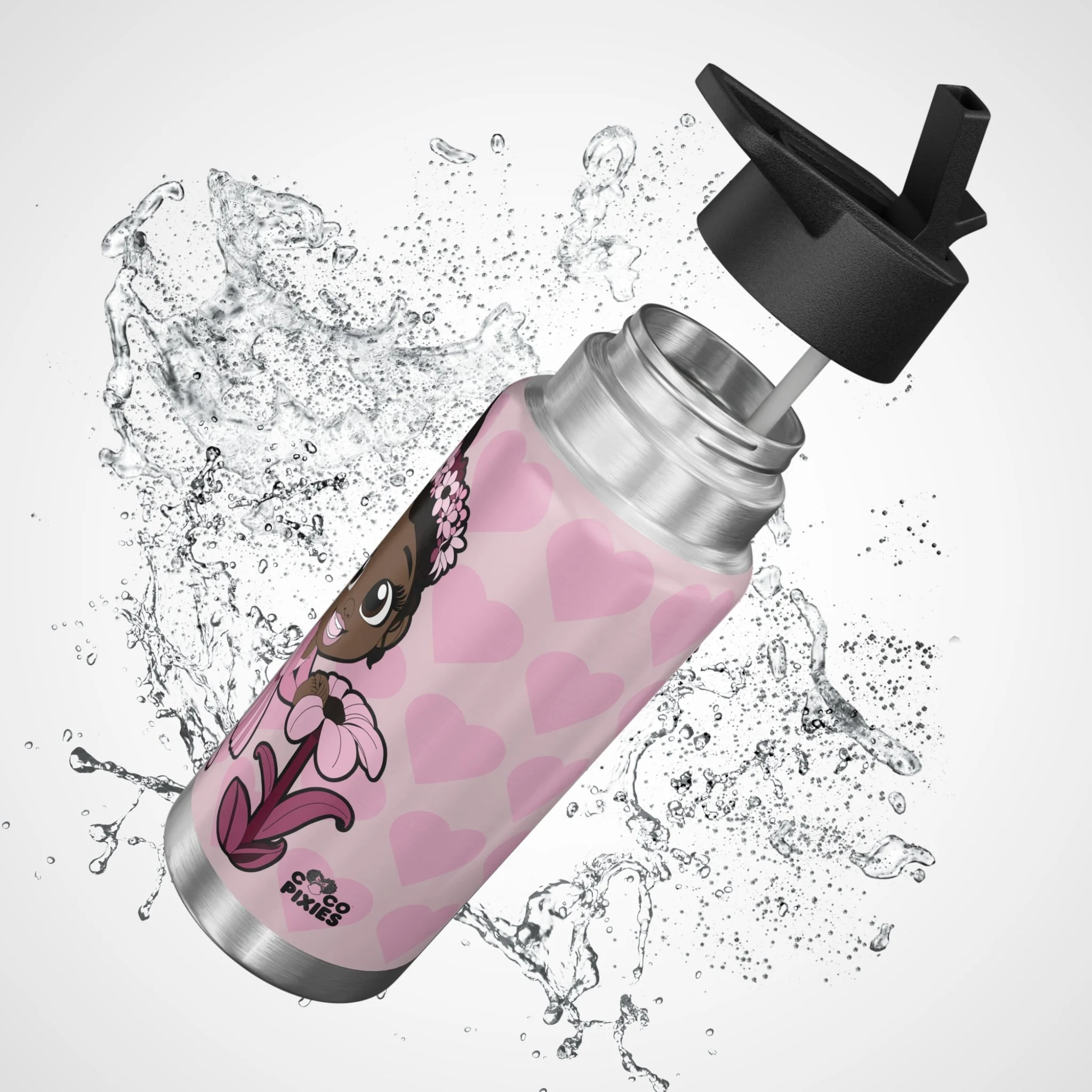Tara Twinkle Pixie Stainless Steel Water Bottle 32oz Tumbler featuring Coco Pixies blush pink signature heart pattern with adorable Black pixie character artwork