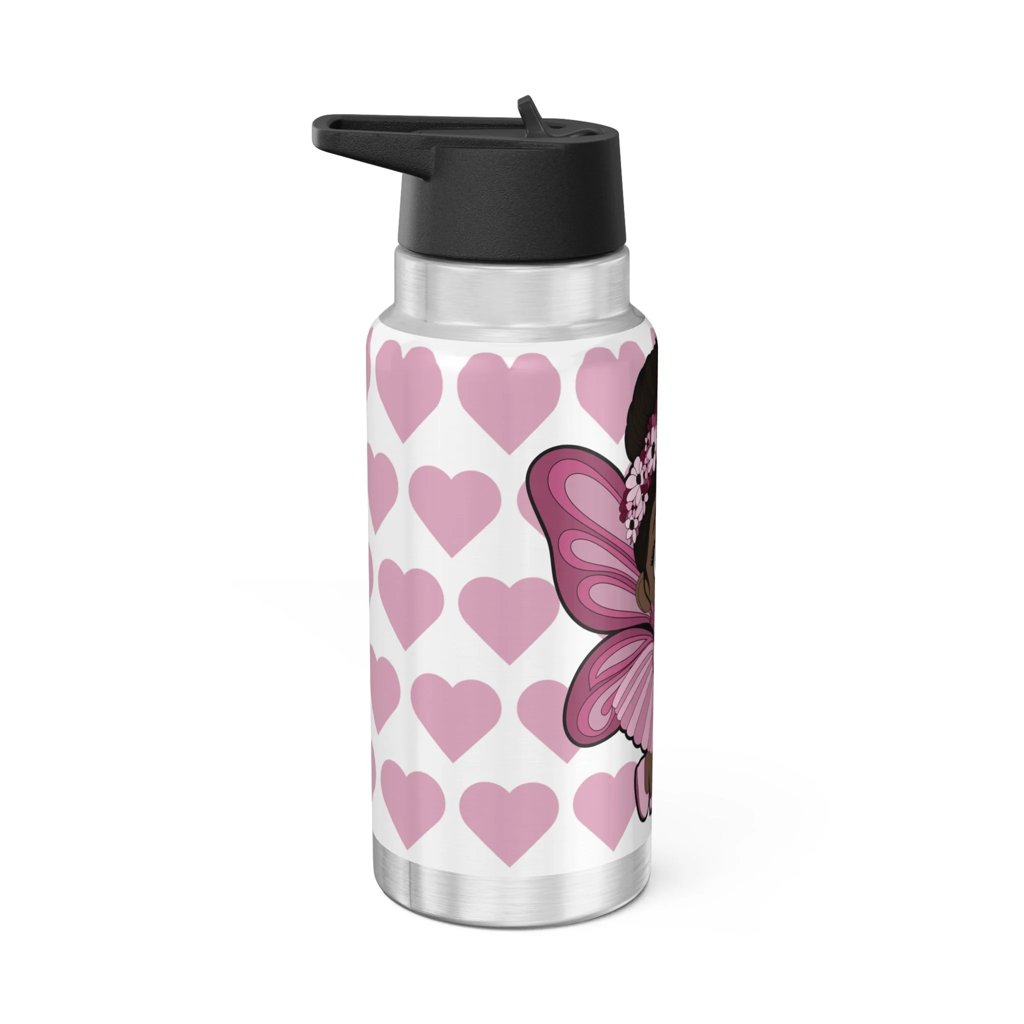 Tara Twinkle Pixie Stainless Steel Water Bottle 32oz Tumbler featuring COCO PIXIES Signature Heart Pattern with adorable Black pixie character artwork
