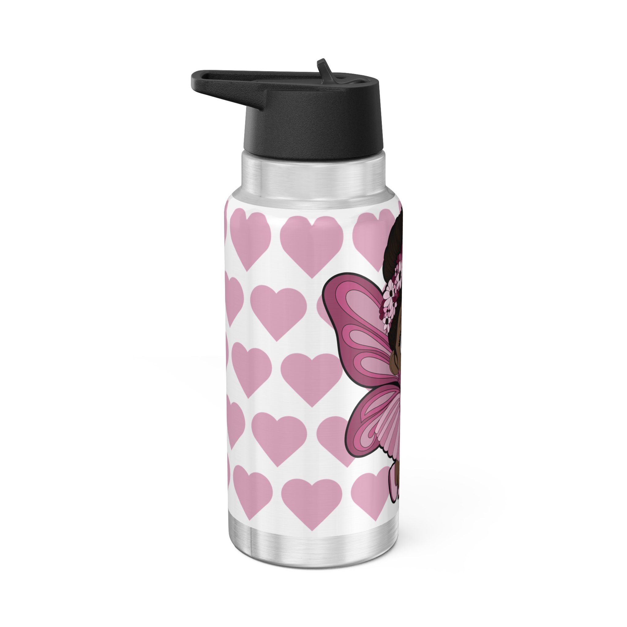 Tara Twinkle Pixie Stainless Steel Water Bottle 32oz Tumbler featuring COCO PIXIES Signature Heart Pattern with adorable Black pixie character artwork