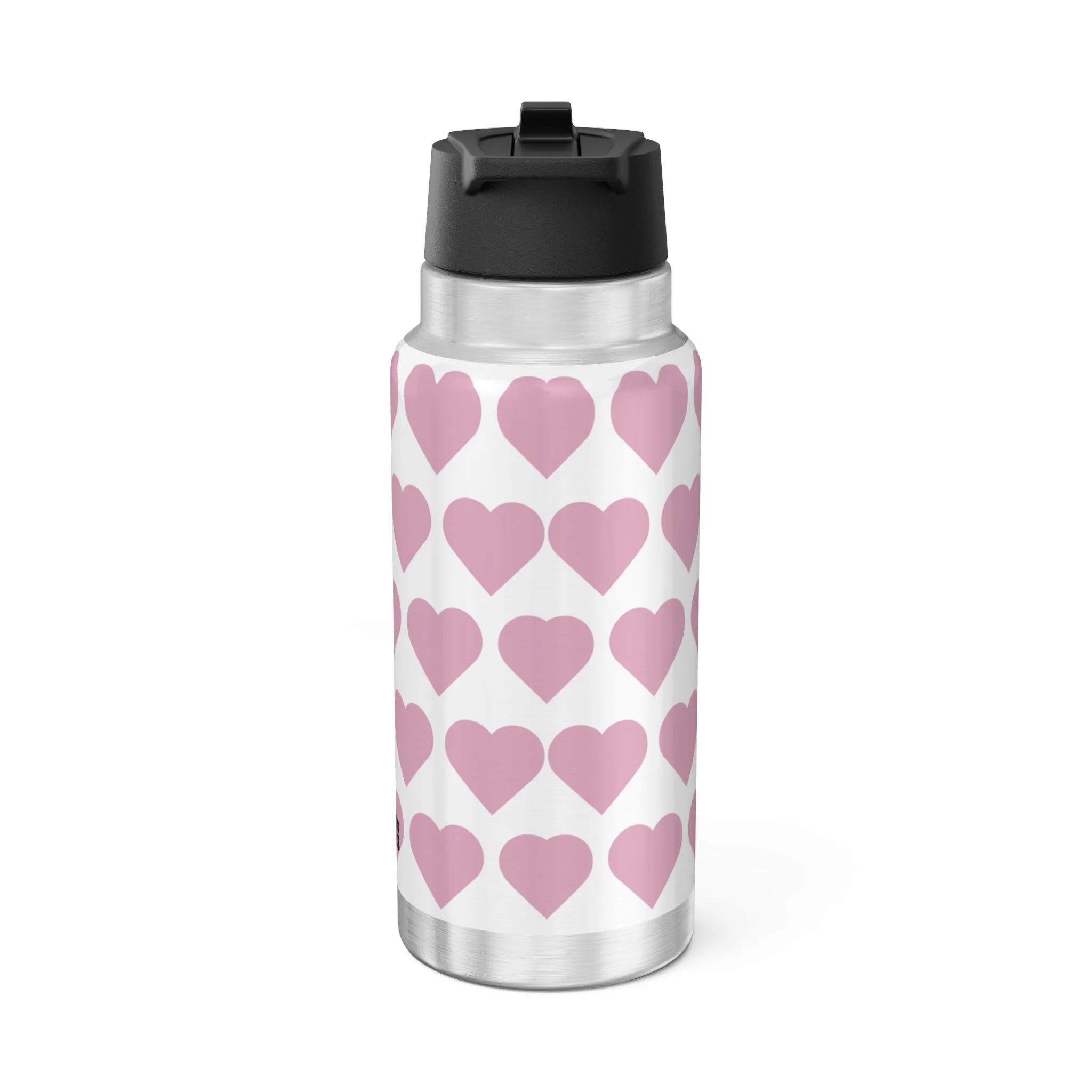 Tara Twinkle Pixie Stainless Steel Water Bottle 32oz Tumbler featuring COCO PIXIES Signature Heart Pattern with adorable Black pixie character artwork