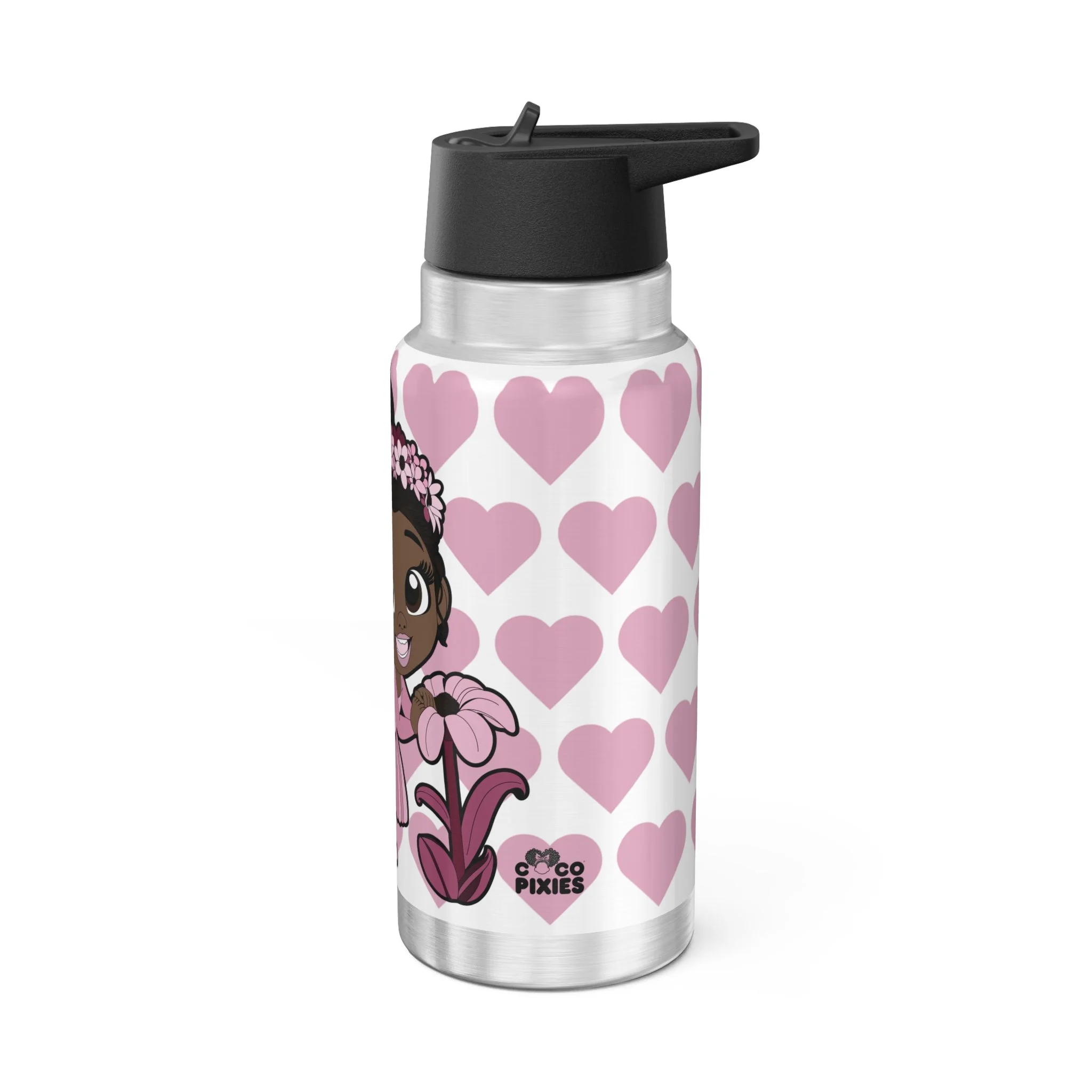 Tara Twinkle Pixie Stainless Steel Water Bottle 32oz Tumbler featuring COCO PIXIES Signature Heart Pattern with adorable Black pixie character artwork